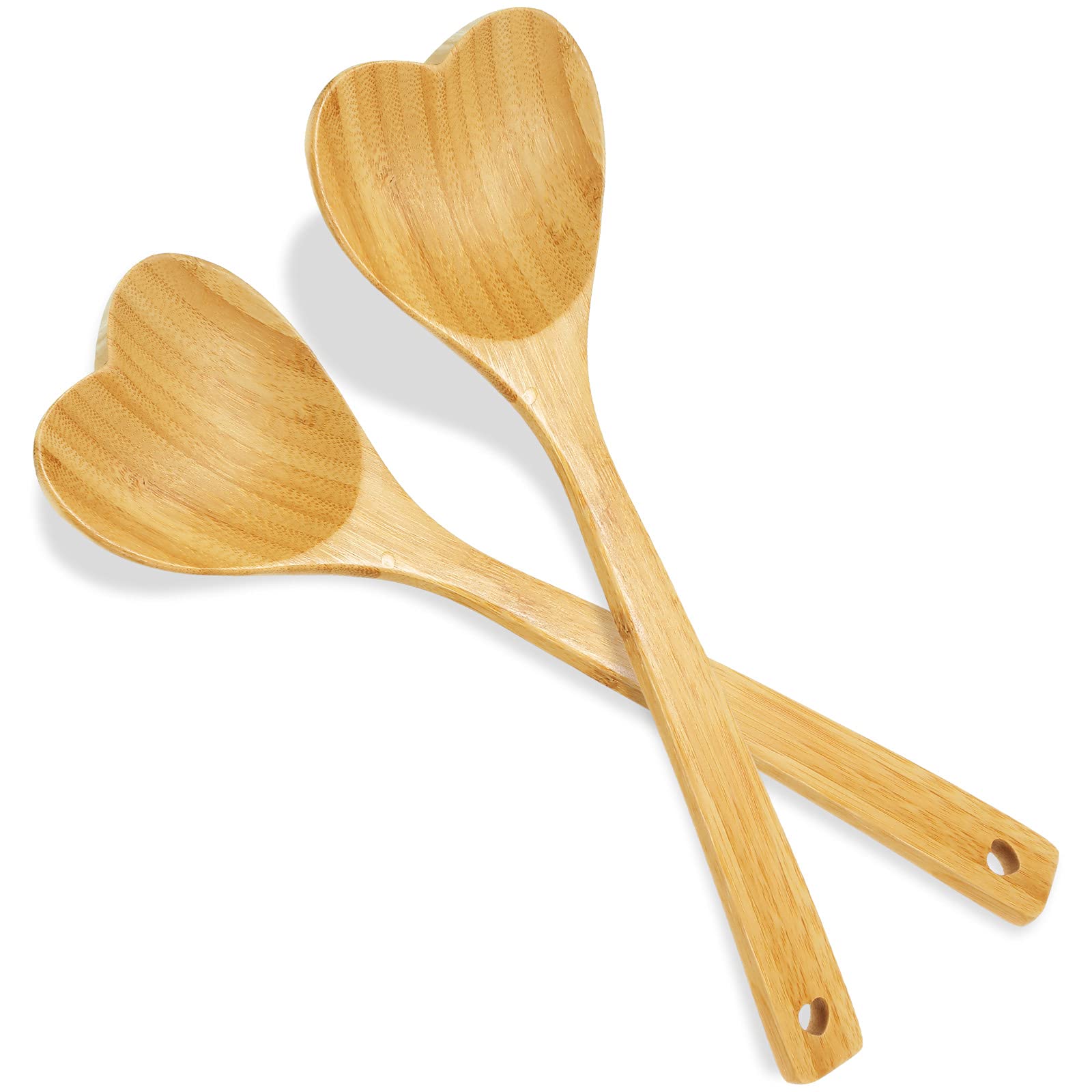 Patelai 2 Pieces Bamboo Heart Shaped Wooden Spoon Set, 12.2 Inch Long Handle Wooden Kitchen Utensils Wooden Serving Mixing Spoon