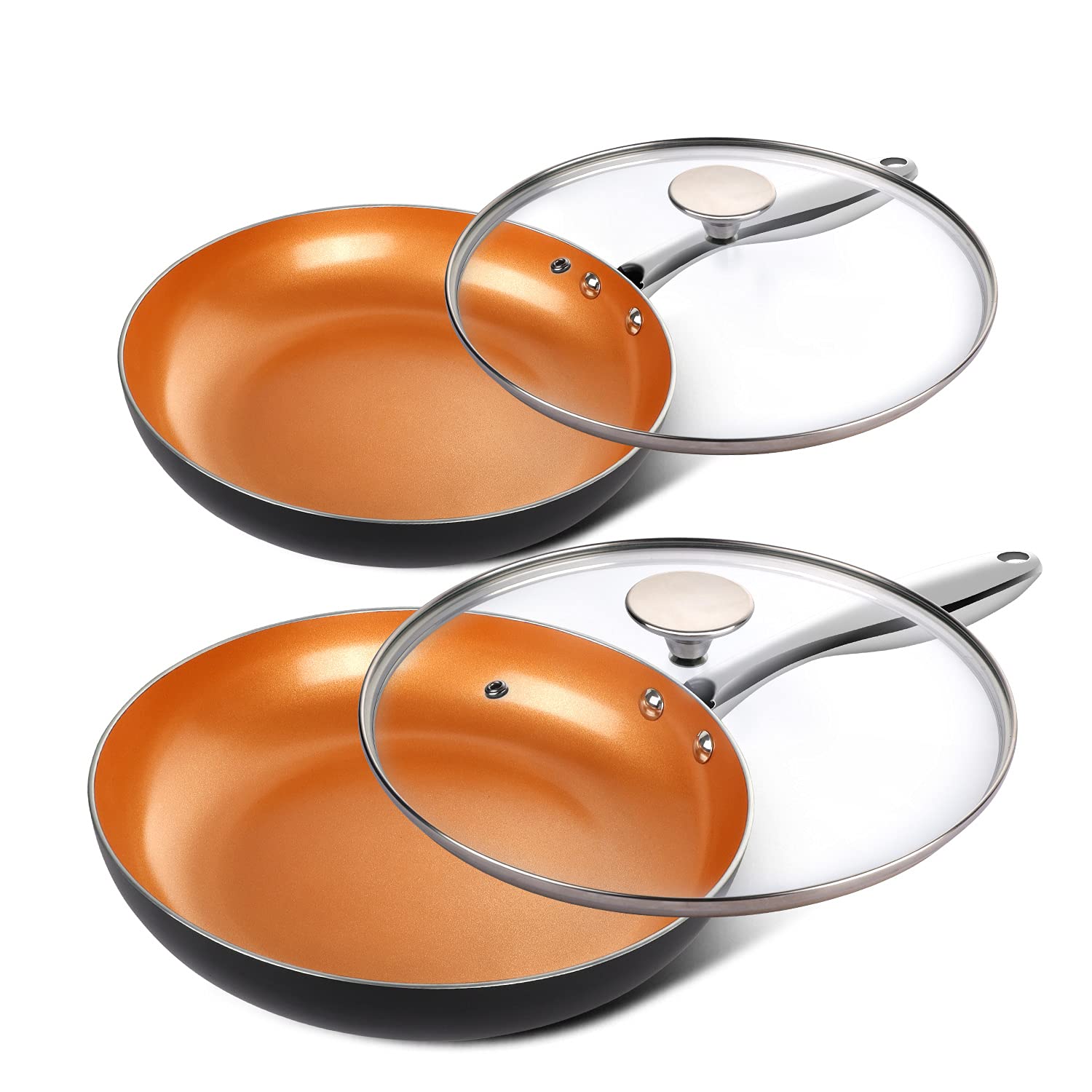 Copper Frying Pan Set With Lid 4Pcs, 8Inch+10Inch