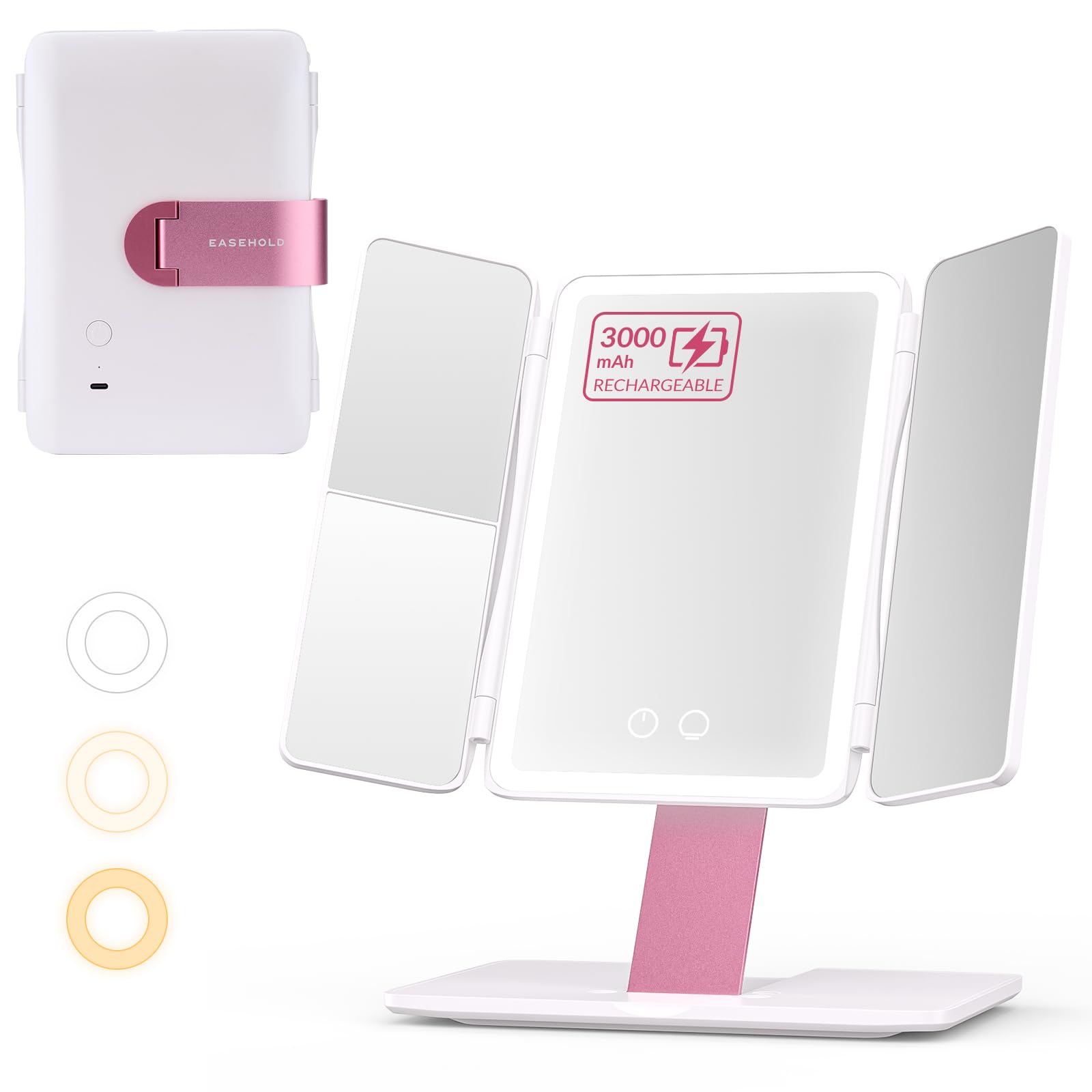 EASEHOLD Foldable Tri-Fold Lighted Makeup Vanity Mirror with 60 LED Lights, 1X/2X/3X Magnification, Touch Control Dimming, 3000m