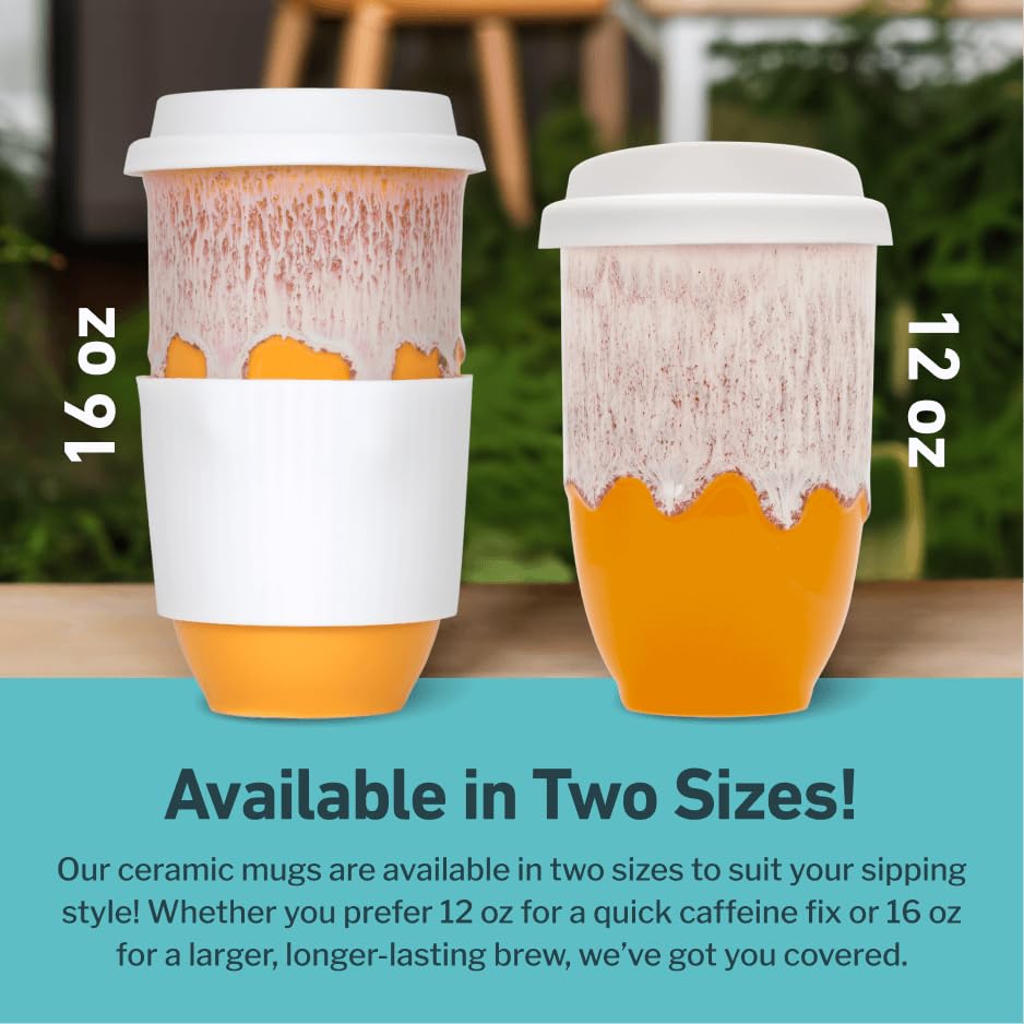 NOVA CERAMICS Ceramic Tumbler- Ceramic Travel Mug With Lid - Microwave & Dishwasher Safe Coffee White & Orange Tumbler - Gifts F