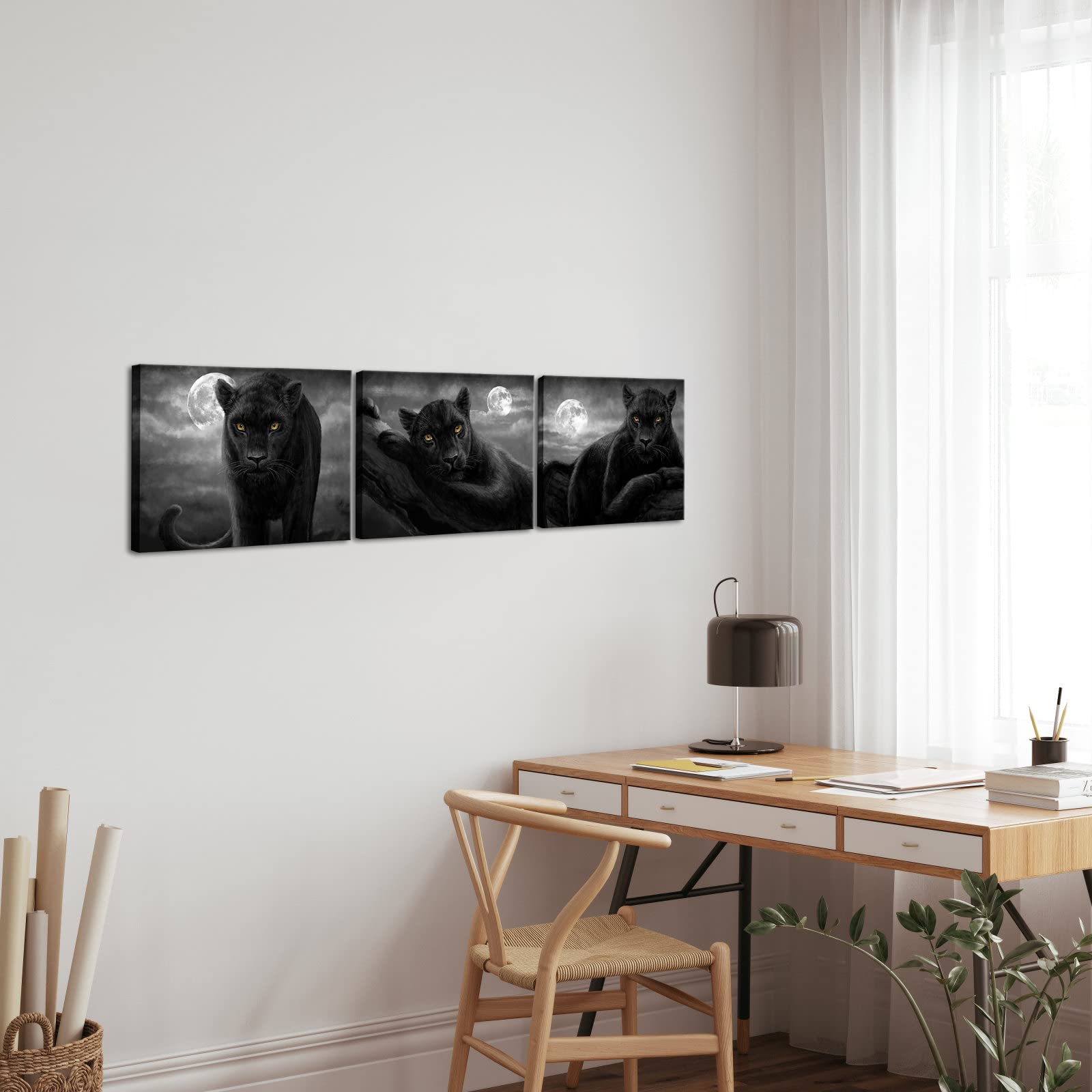 Sechars Panther Canvas Wall Art Black And White Animal And Full Moon Painting Picture Print Wildlife Leopard Artwork For Living