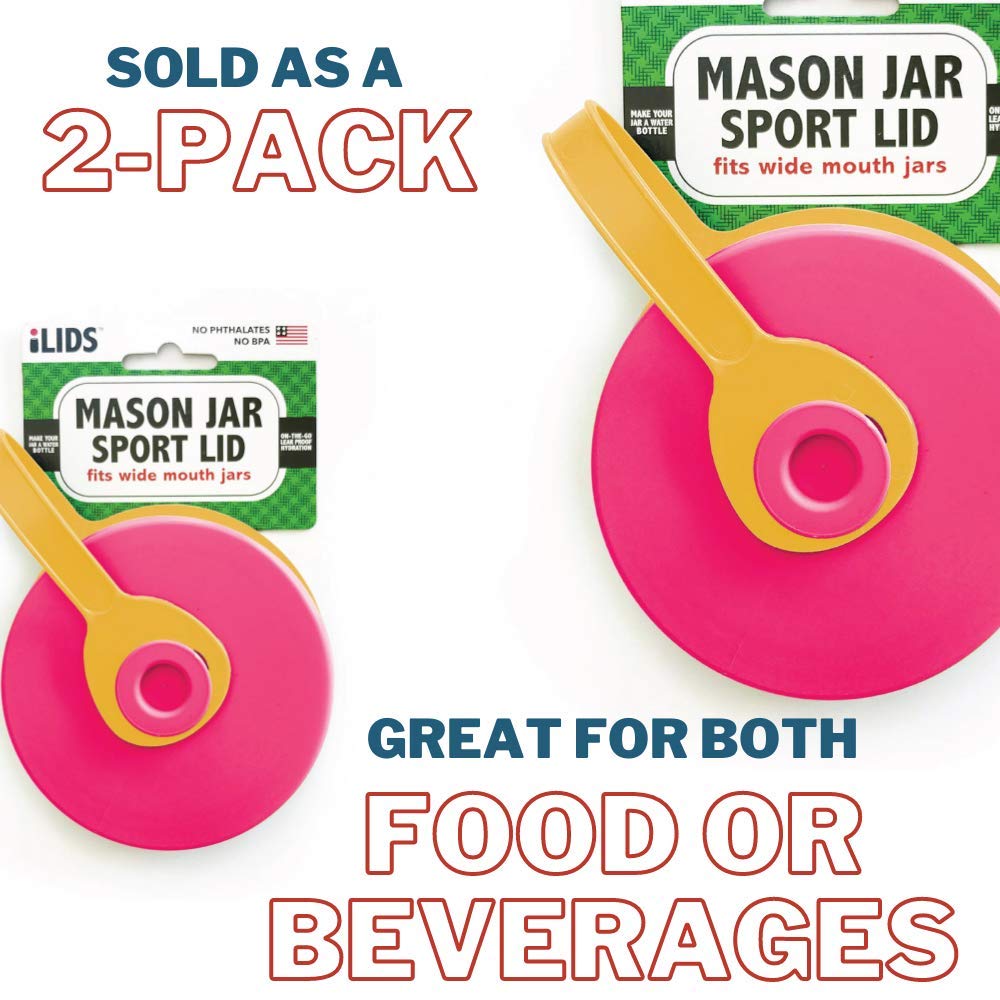 Ilids Mason Jar Sport Lid, Wide Mouth, Hot Pink, Pack Of 2