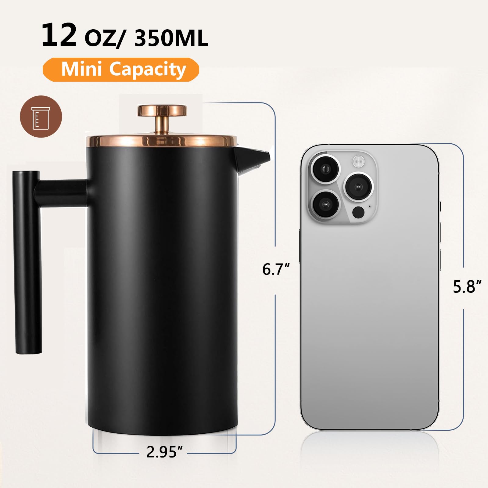 Meelio Small French Press 350Ml Coffee Maker, Black Double-Wall Insulated French Press Coffee Press Stainless Steel, Included 2