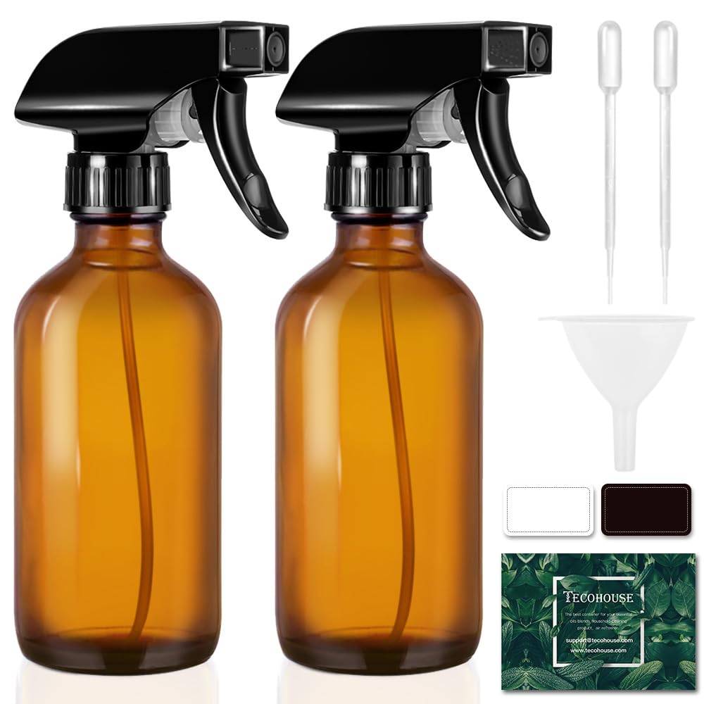 Tecohouse Glass Spray Bottles 8Oz, Amber Hair Spray Bottles, 2 Pack Empty Refillable Sprayer Container With Labels, Funnel, Lids