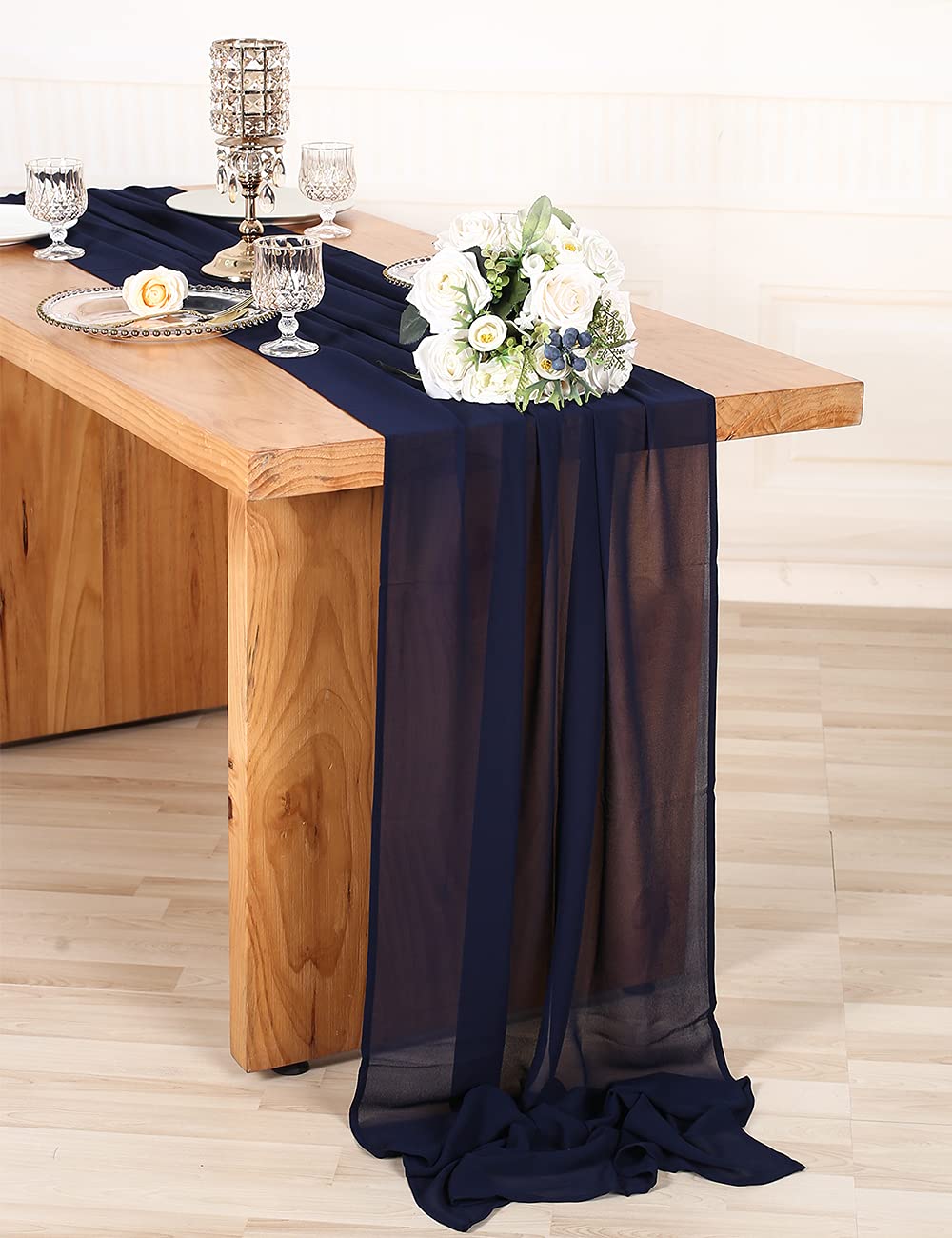 Sherway 27 X 168 Inch Navy Blue Chiffon Wedding Table Runner, Extra Long 14Ft Soft Semi Sheer Tablecloth Table Overlay, Rustic W