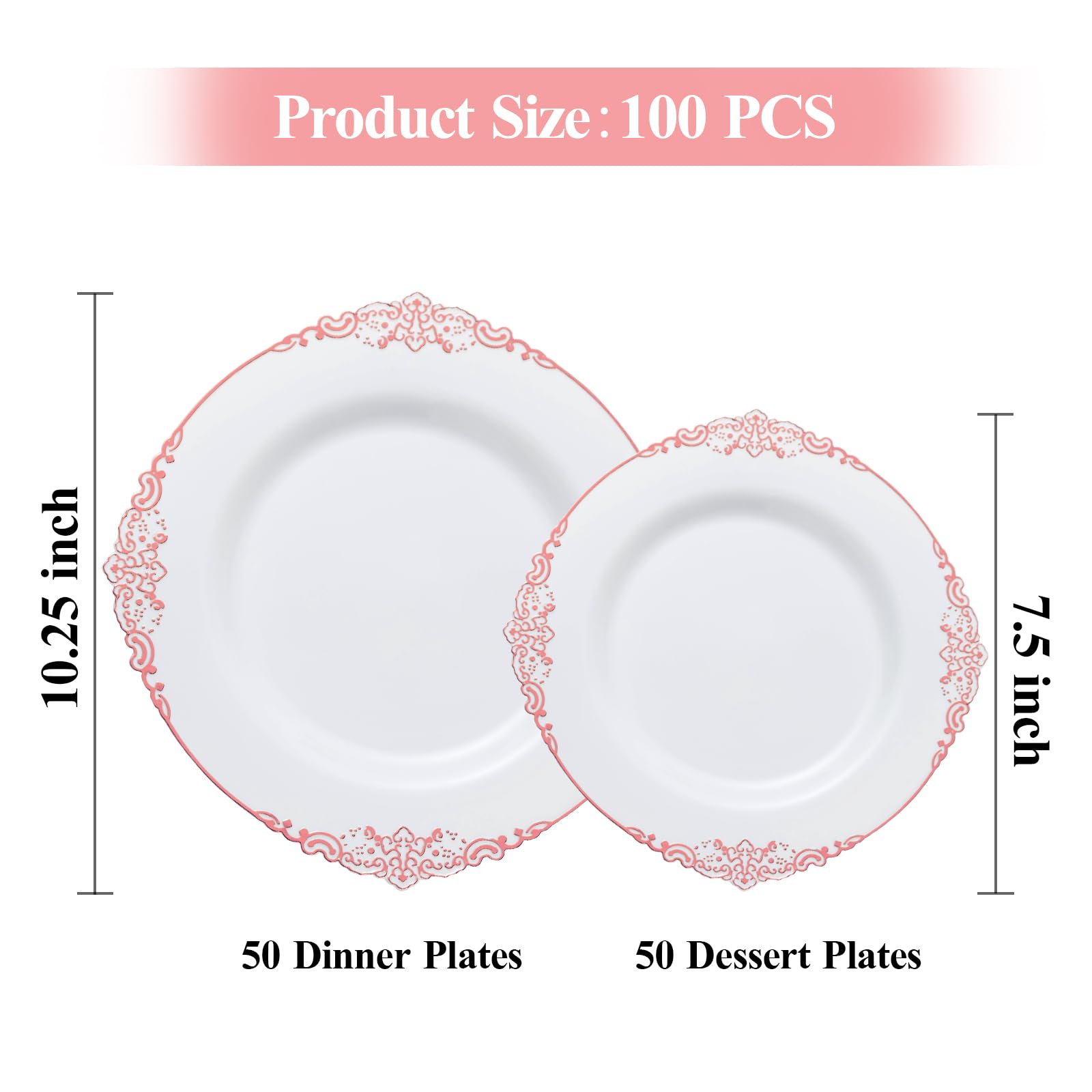 Bestluck 100 Pcs White And Rose Gold Plastic Plates For 50 Guests, Rose Gold Disposable Plates Include 50 Pcs Dinner Plates, 50