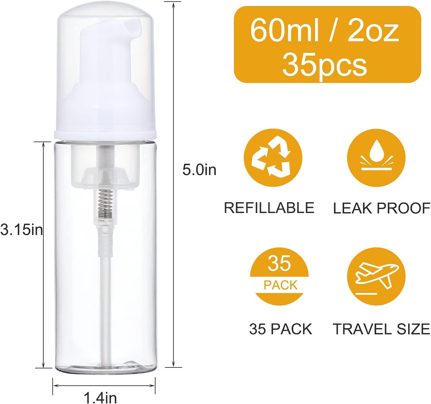 35 Pcs 2Oz Foam Soap Dispensers Mini Cleaning Plastic Refillable Travel Bottles With Pump For Hand Sanitizer Lash Shampoo Castil