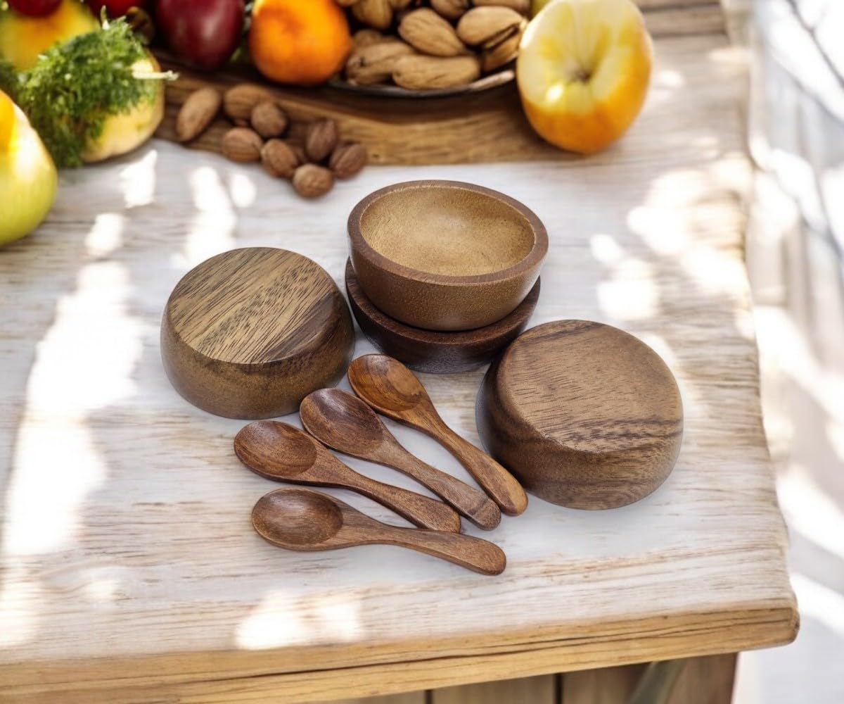 Bestysuperstore Small Round Wood Bowls 4 Pcs 4 '' Diameter Stackable Acacia Wooden Bowl Set With 4 Spoons For Serving Salad Sals