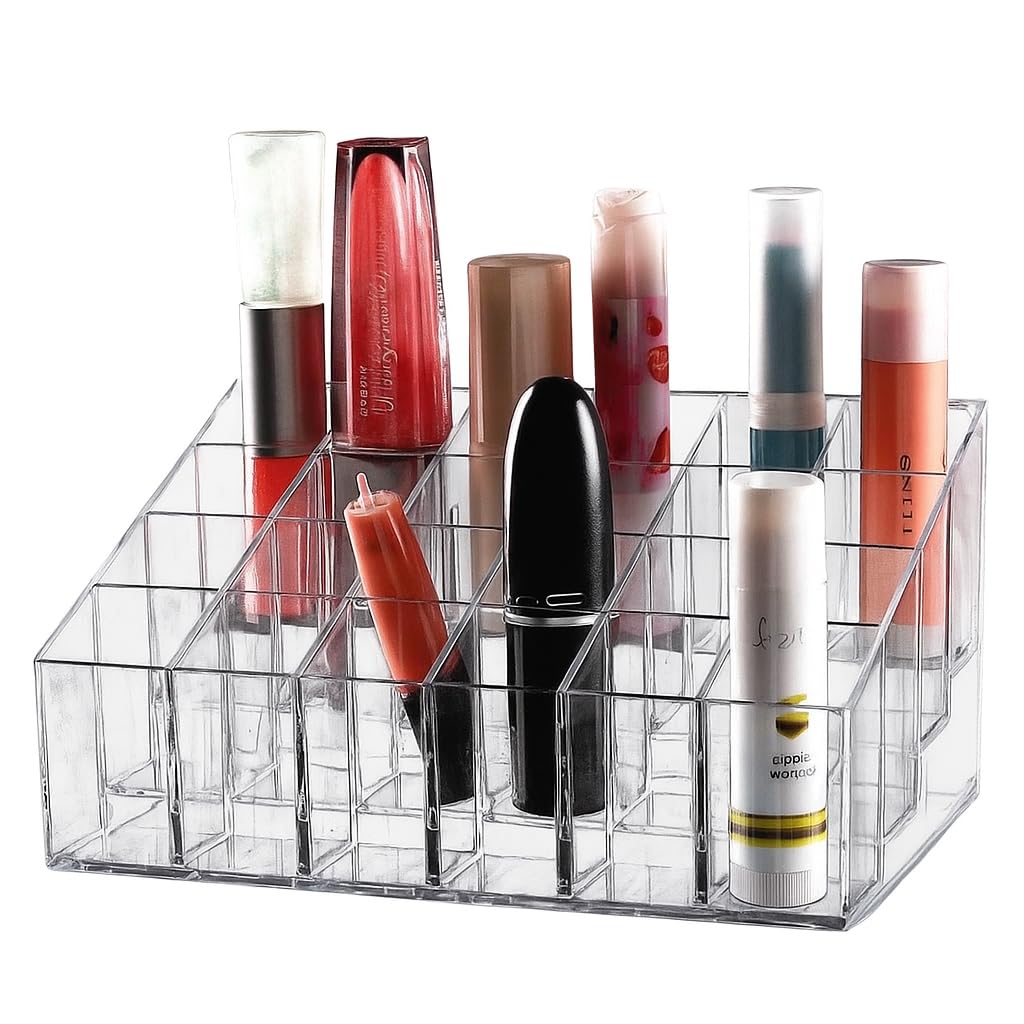 Ykxims Multi Grid Acrylic Lipstick Holder, 24 Grids Clear Plastic Lip Gloss Case Display Rack Makeup Organizer (24 Grid Lipstick
