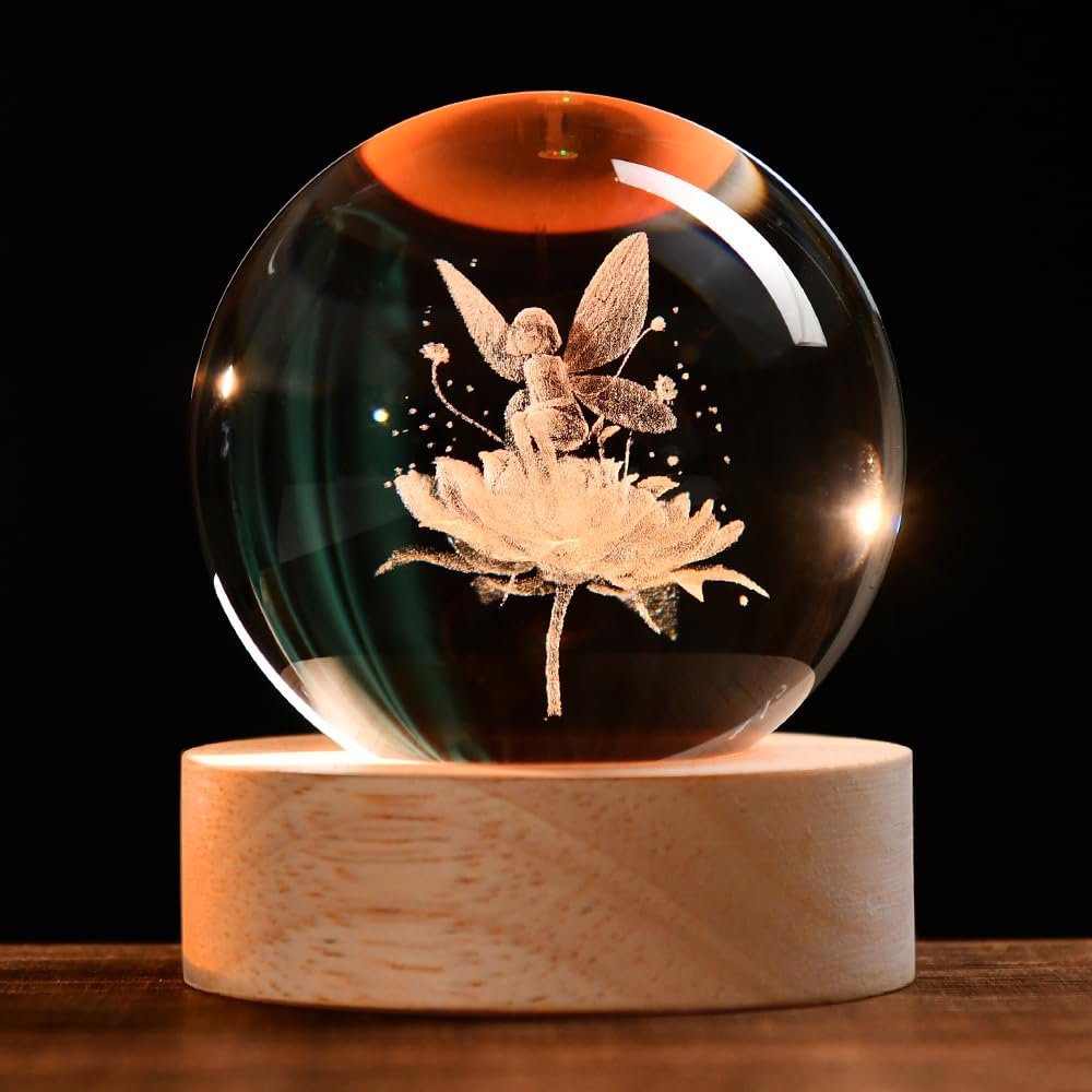 ZRENJHUS Flower Fairy Crystal Ball Fairy with Flower Glass Decor 3D Engraving Decorative Ball Light Gifts for Girls Women Fairy 