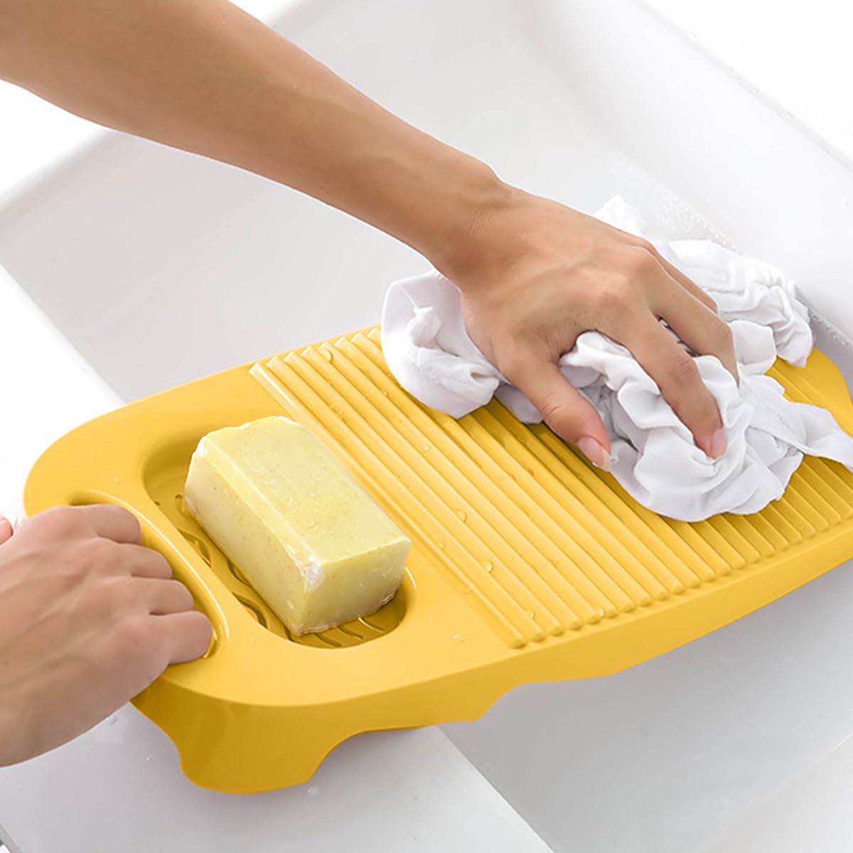 Wash Board, Washboard For Hand Washing Clothes, Plastics Laundry Scrub Board Household With Holder Portable (D-Yellow+Multifunct