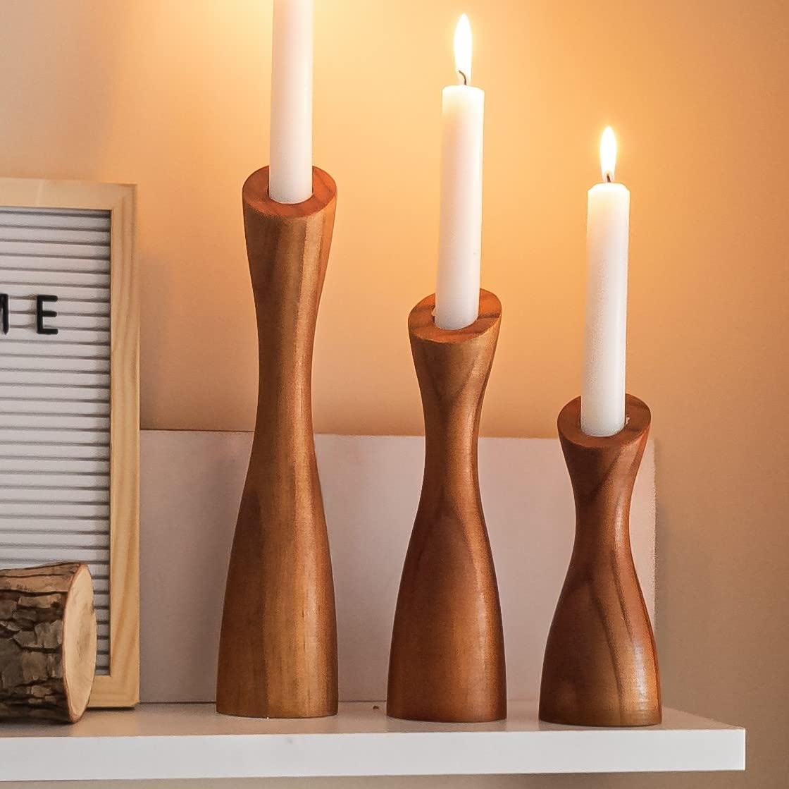 OLEEK wood farmhouse candle holders set (12,10,8)- wooden candle holder pillar for coffee table decor (fits 7/8 candles)- fall v