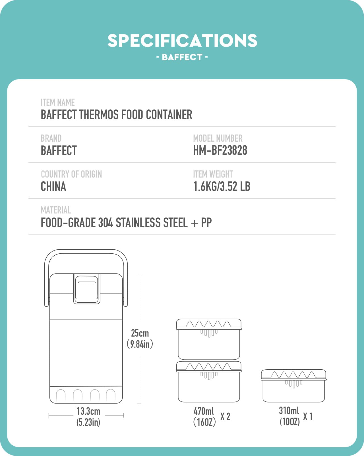 Baffect 67Oz Thermos For Hot Food Container 6 Hours, 3-Layer Stackable Food Thermal, Stainless Steel Vacuum Soup Insulated Food
