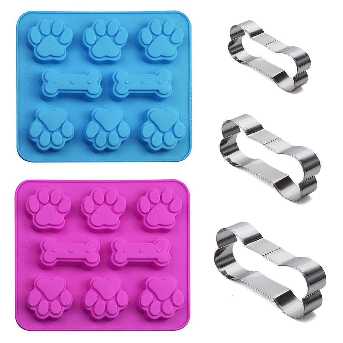 Set Of 5, 2 Packs Silicone Molds Puppy Dog Paw & Bone Shaped 2 In 1 And 3 Packs Stainless Steel Bone Cookie Cutter,For Homemade