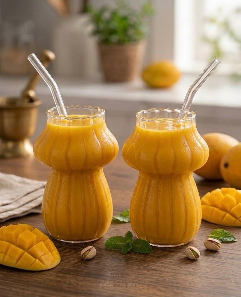 Bien Verrerie Ribbed Glass Tumbler, Unique Mashroom Shape, with Glass Straw Pack of 2, 300 ml, for Coffee, ice Tea, Milk Shake, 