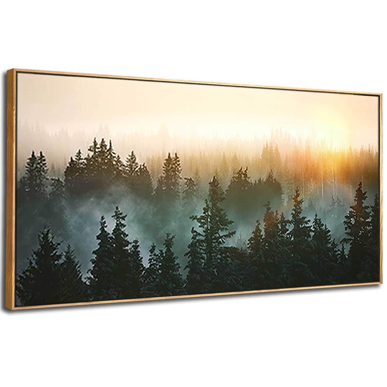Living Room Wall Art Sunrise Misty Forest 24''X48'' Modern Home Wall Decor Plants Wall Decorations Framed Artwork For Bedroom Di