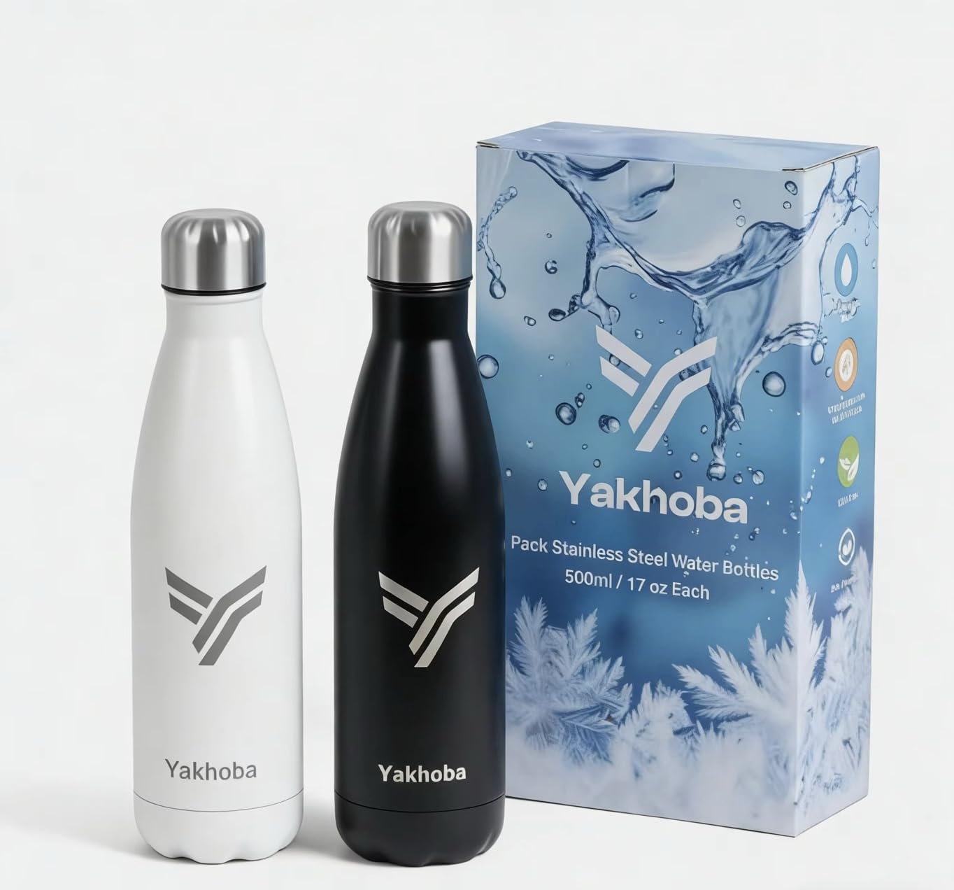 Yakhoba Stainless Steel Insulated Water Bottle, 17 oz, DoubleWall Vacuum, BPA Free, for Gym, Travel and Sports, 2 Pack (Black &