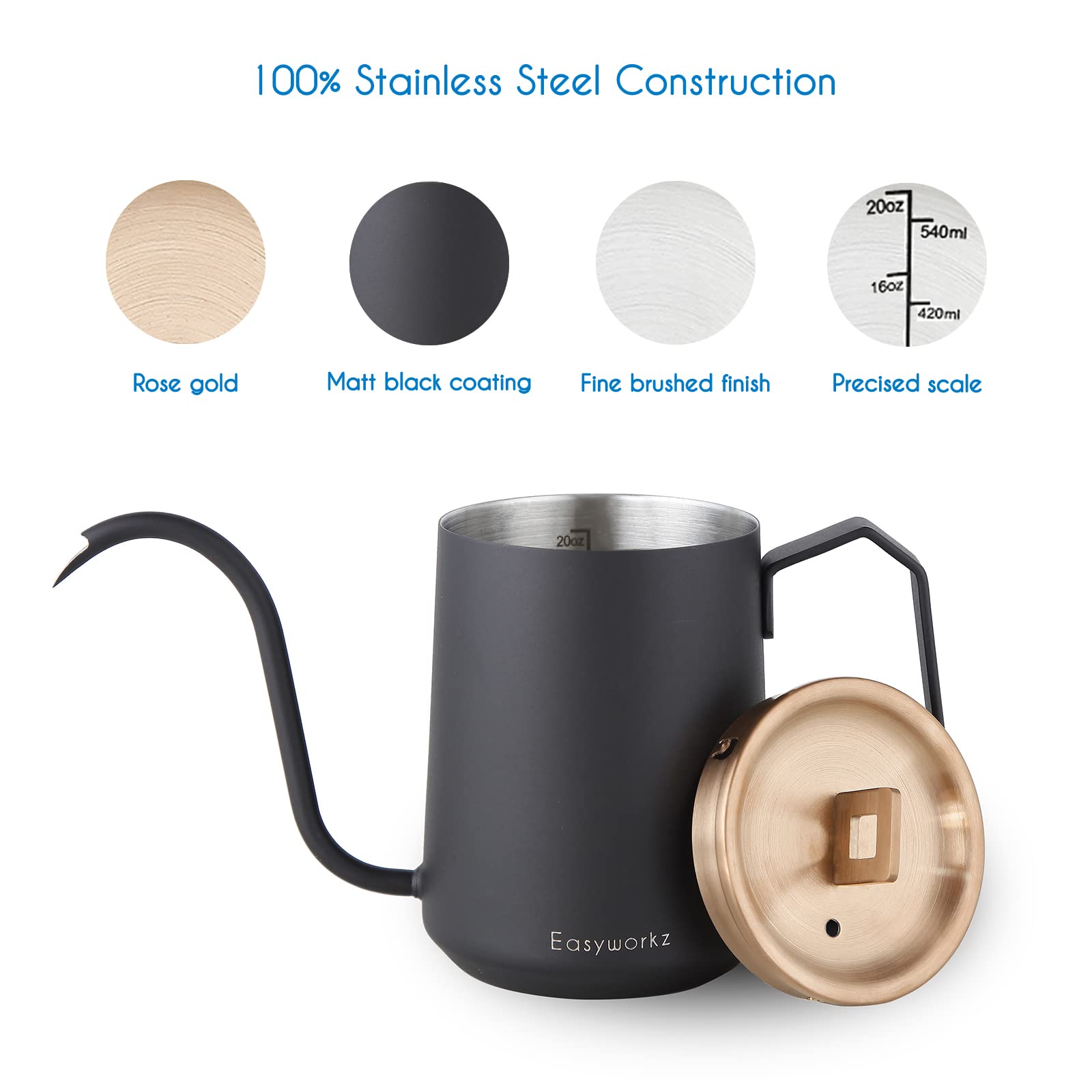 Easyworkz Gooseneck Pour Over Coffee Kettle 20 Oz Stainless Steel Hand Drip Coffee Pot With Long Narrow Spout, Rose Gold Black