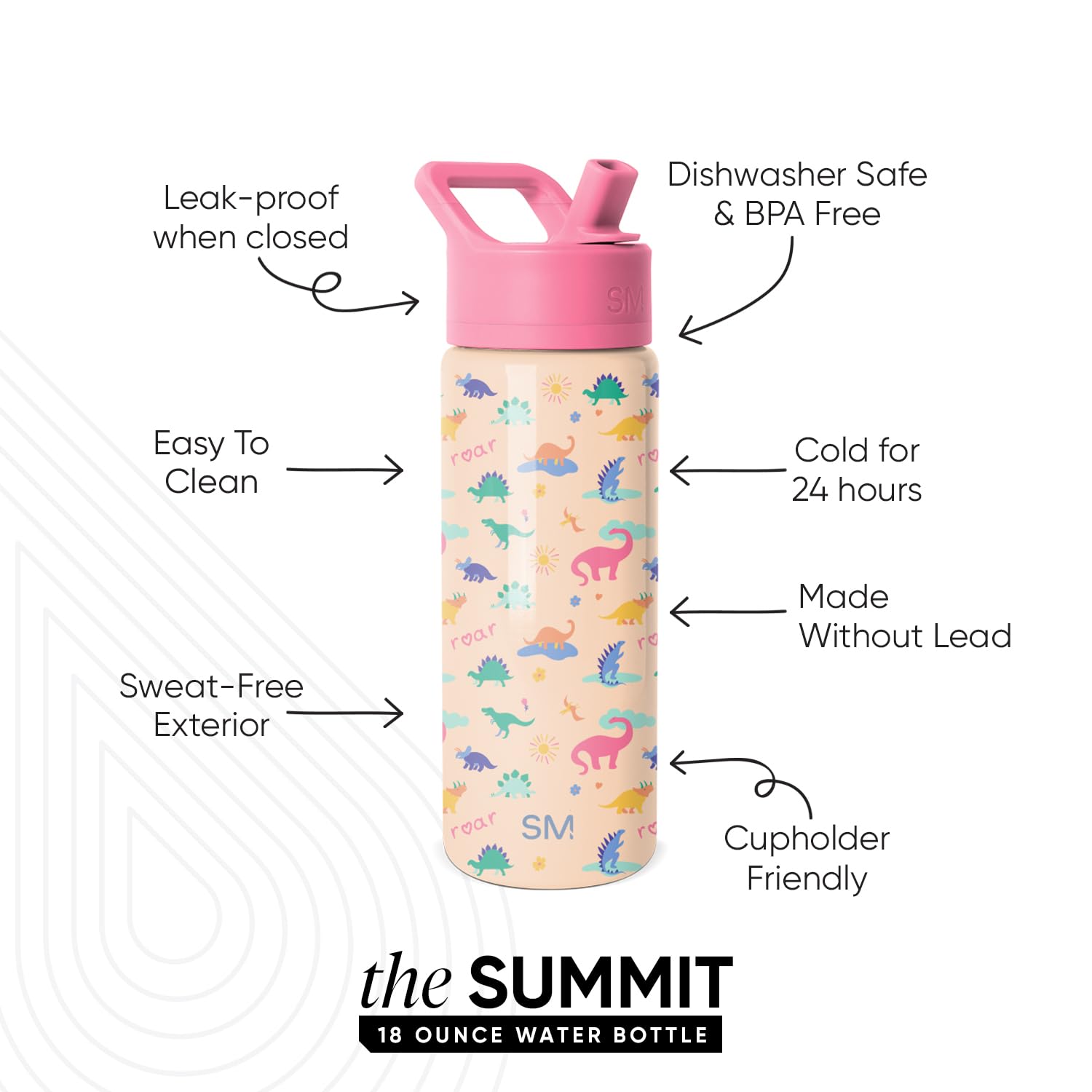 Simple Modern Kids Summit Water Bottle with Straw Lid | 18oz Stainless Steel Cup Insulated Tumbler for Toddlers, School | Dinosa