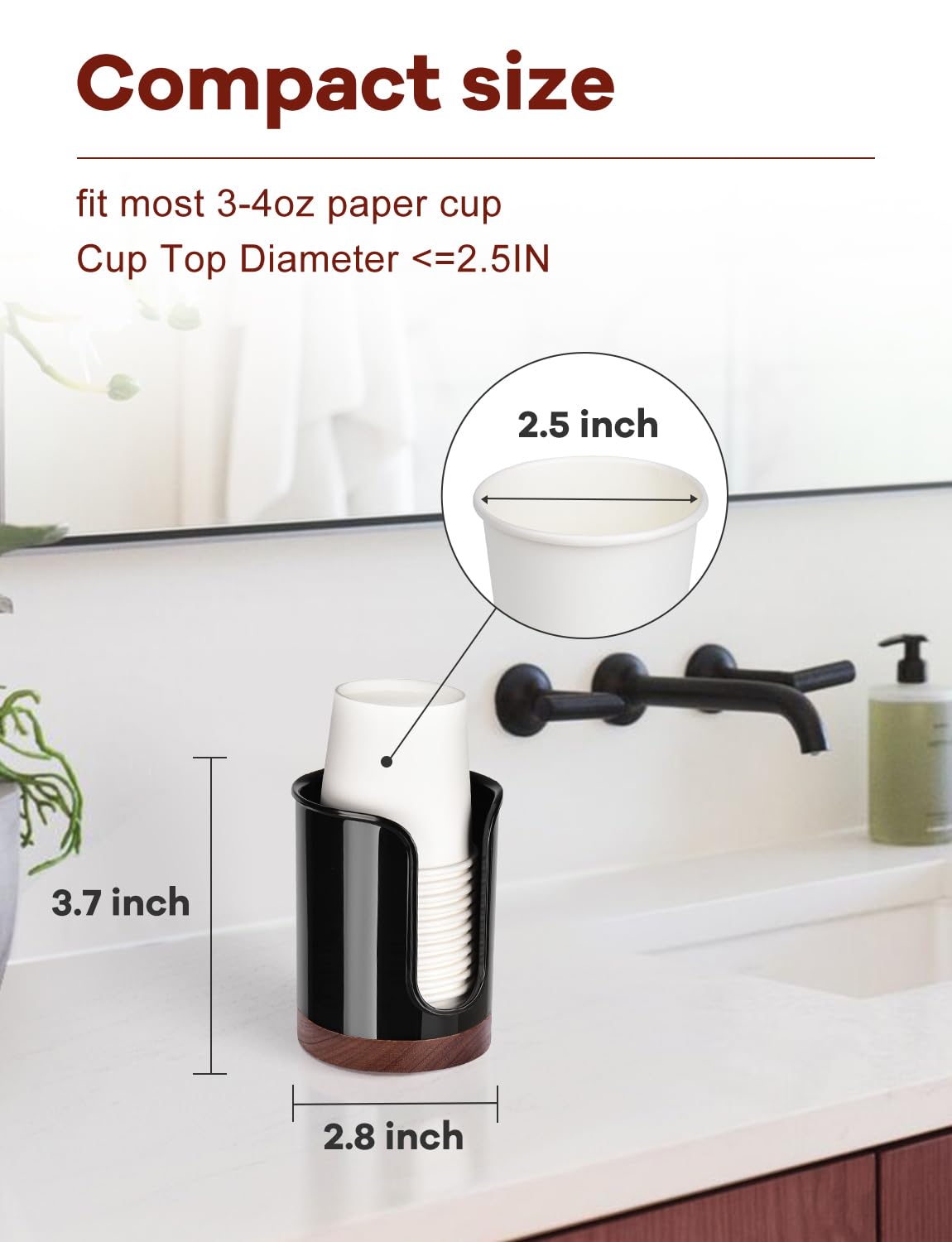 Housewife Cabinets Premium Bathroom Cup Dispenser, Fits 3-4oz Cups, Polycarbonate, Black/Walnut, Pack of 2, Model BLACK-W3OZ-2PACK