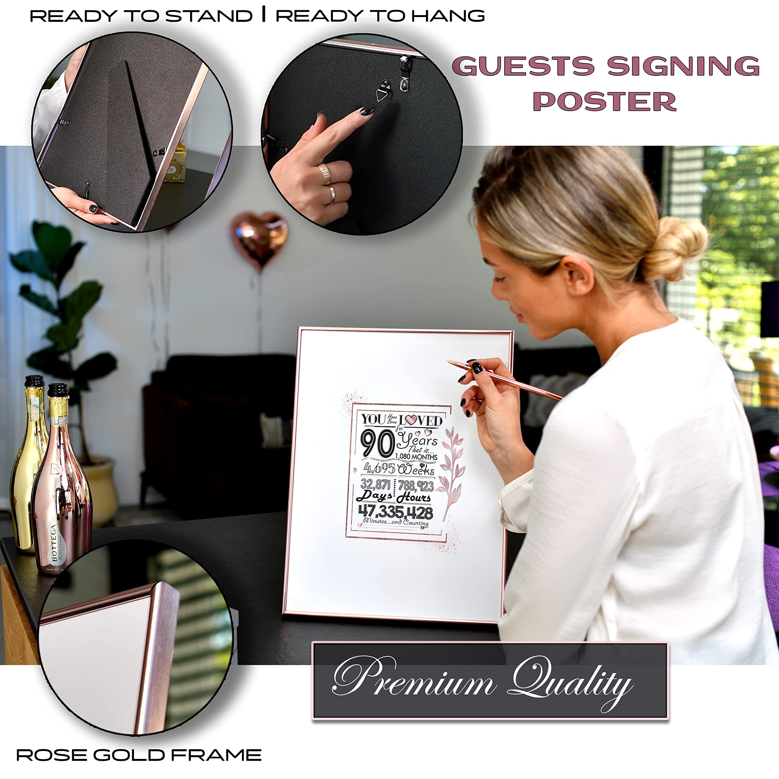 Framed Rose Gold 90Th Birthday Decorations Sign Poster For Girl - 90 Birthday Gift 12 ''X16 '' Guest Party Favors Book Alternati