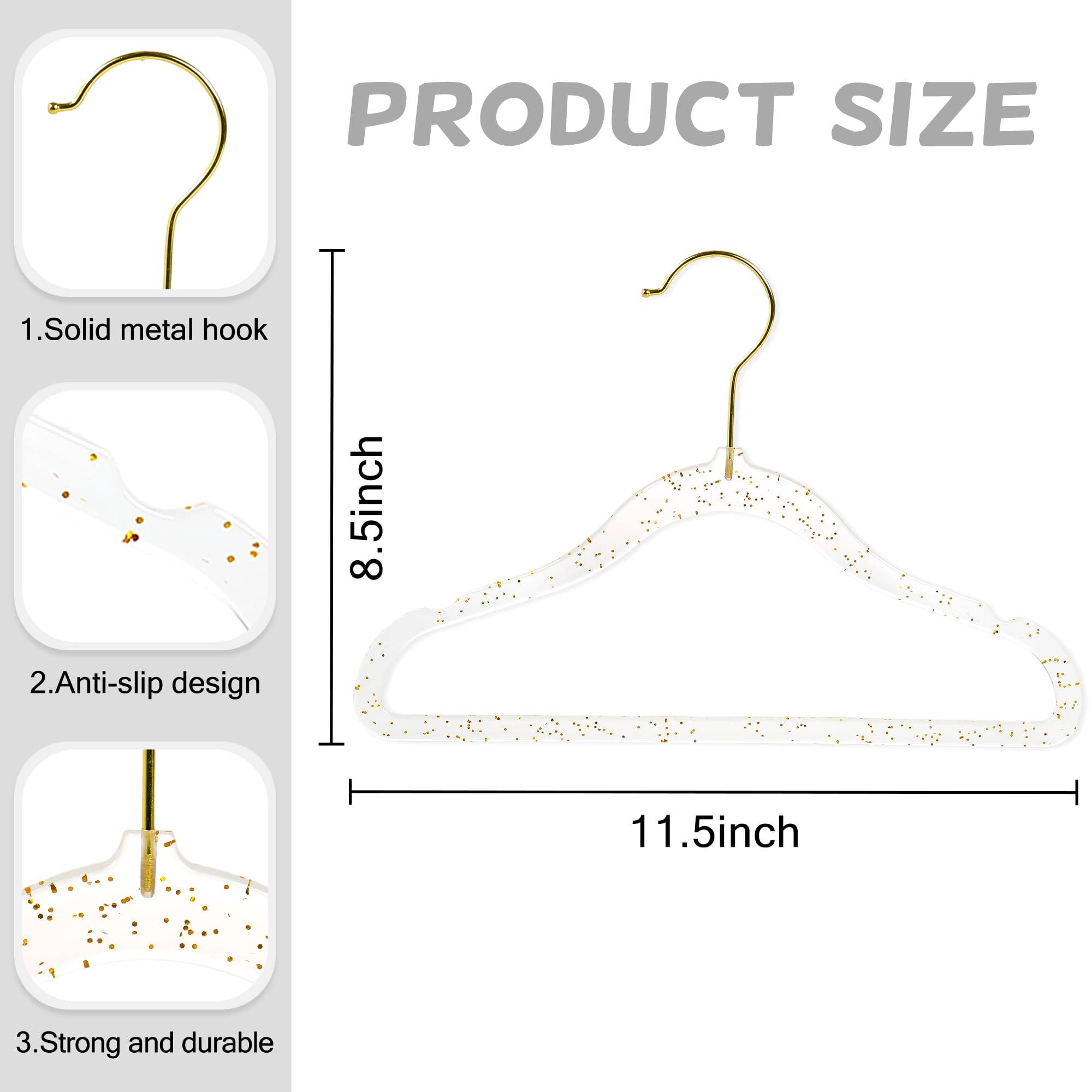 Concepts 20 Pack Premium Heavy Duty Gold Glitter Acrylic Kids Hangers, Elegant For Baby Nursery Space-Saving Non-Slip Clothes Ha