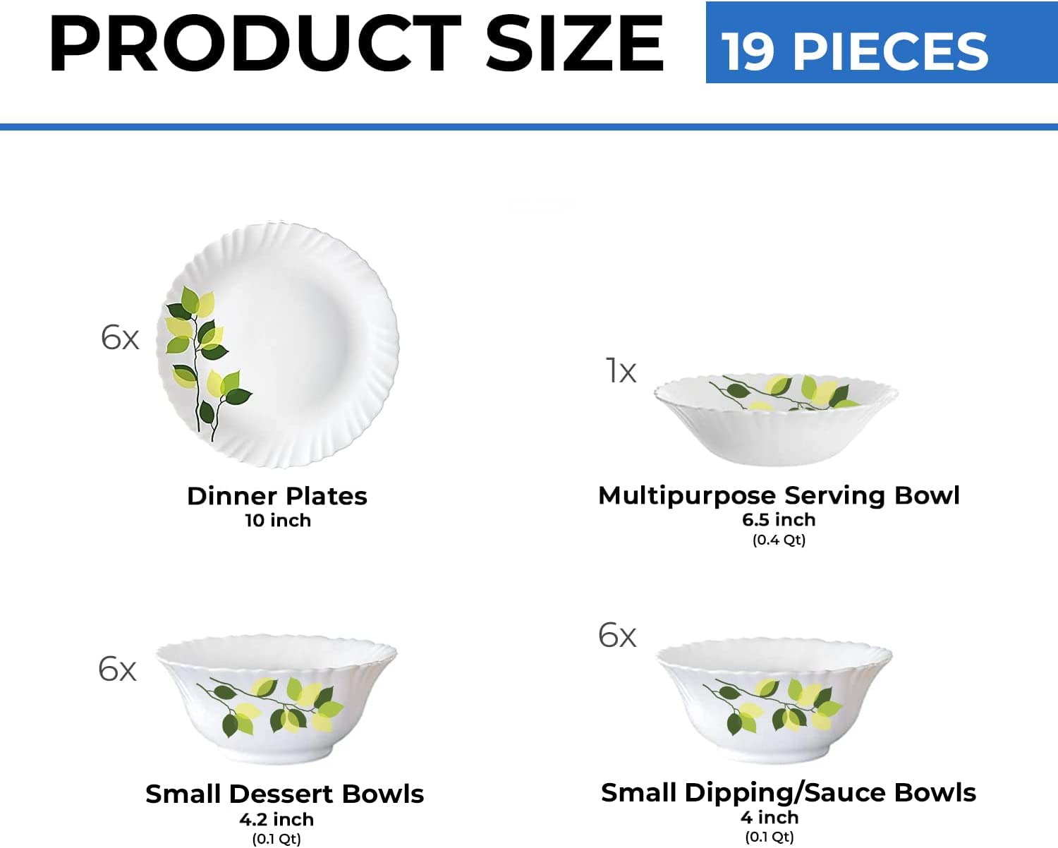 Borosil Gourmet Dinnerware Set For 6, 19 Pieces, White Dinner Plates and Bowls Sets, Chip Resistant Tempered Opal Glass, Stain R