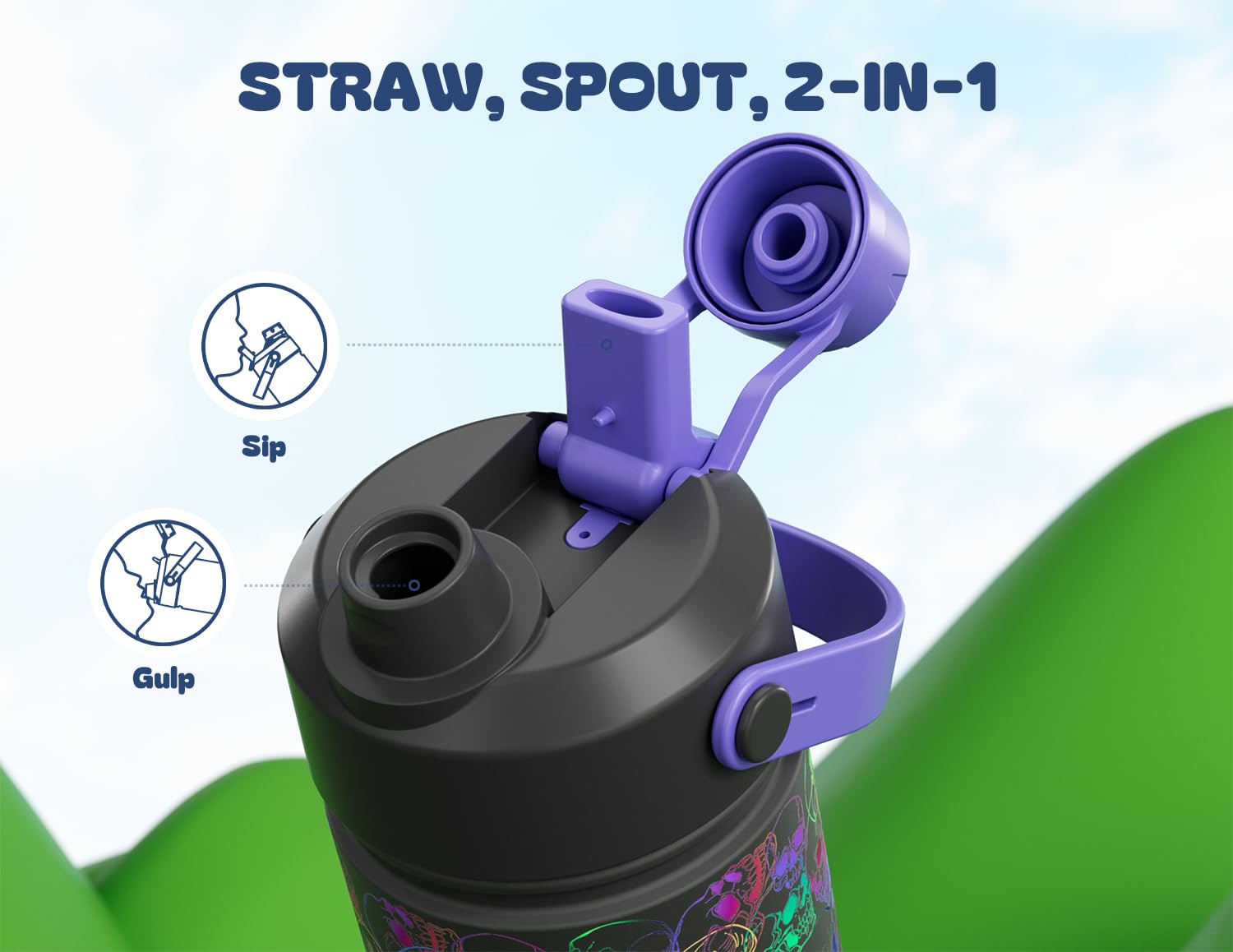 18 oz Insulated Water Bottle for Kids: Glow-in-the-Dark, 2-in-1 Straw Spout Lid, Leakproof, BPA-Free, Keep Cold 24H, Stainless S
