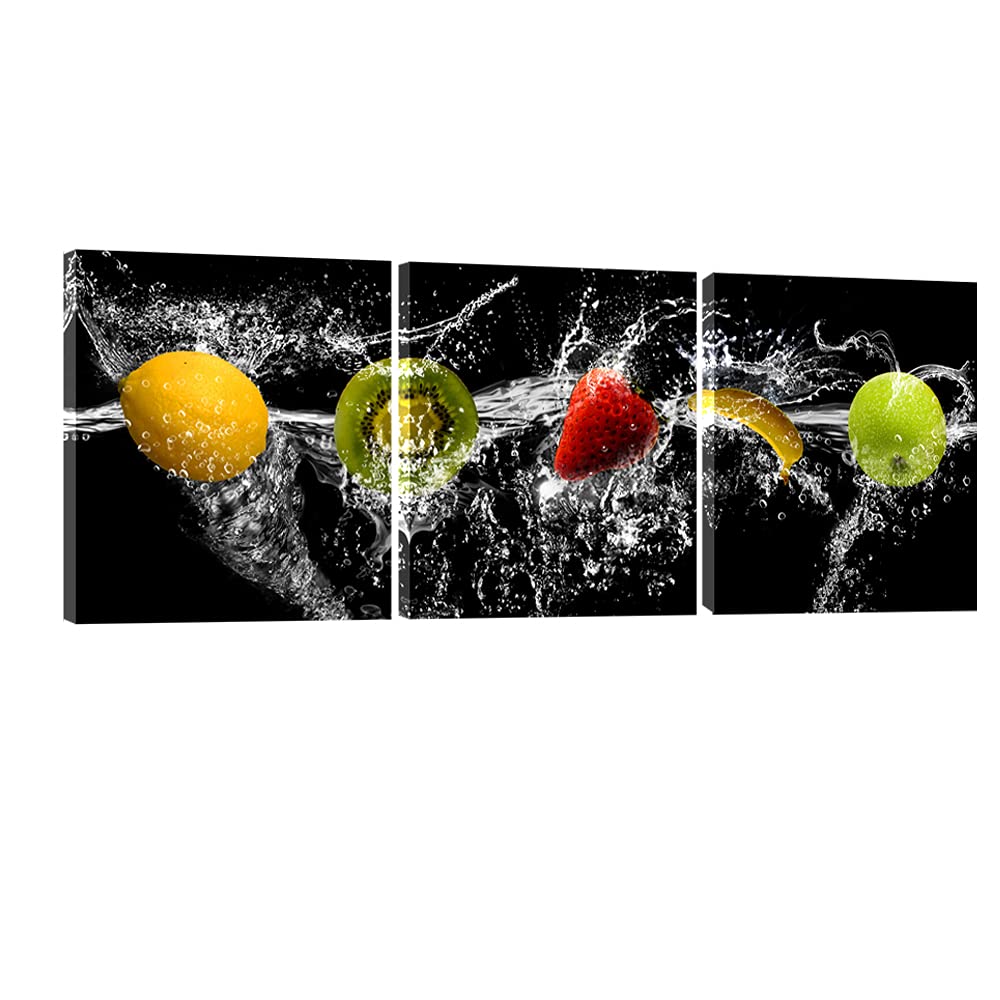 Pyradecor Dancing Fruit Large Modern Landscape Artwork 3 Piece Gallery Wrapped Giclee Canvas Prints Black Pictures Paintings On