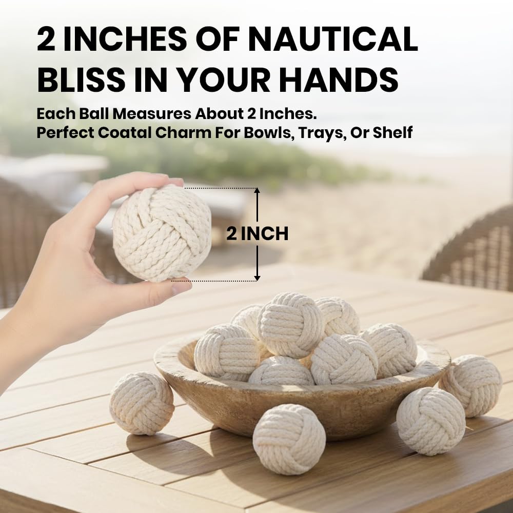 Set of 6 Cotton Rope Balls - Decorative Nautical Accents - for Vase Fillers, DIY Crafts, Rustic Living Room Decor - Handmade Kno