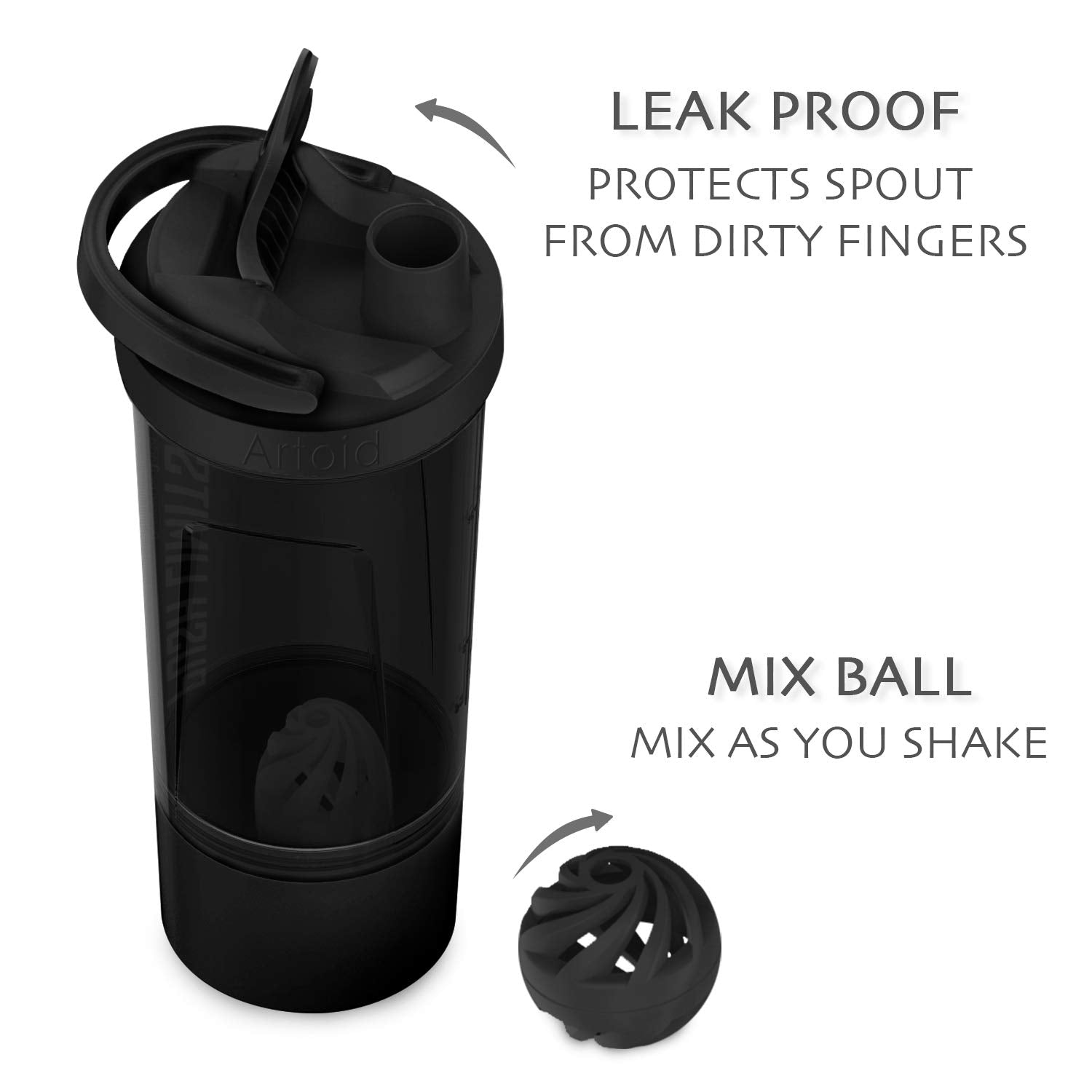 Artoid Mode Inspirational Fitness Workout Sports Protein Shaker Bottle 24-Ounce, Dual Mixing Technology With Shaker Balls & Mixi