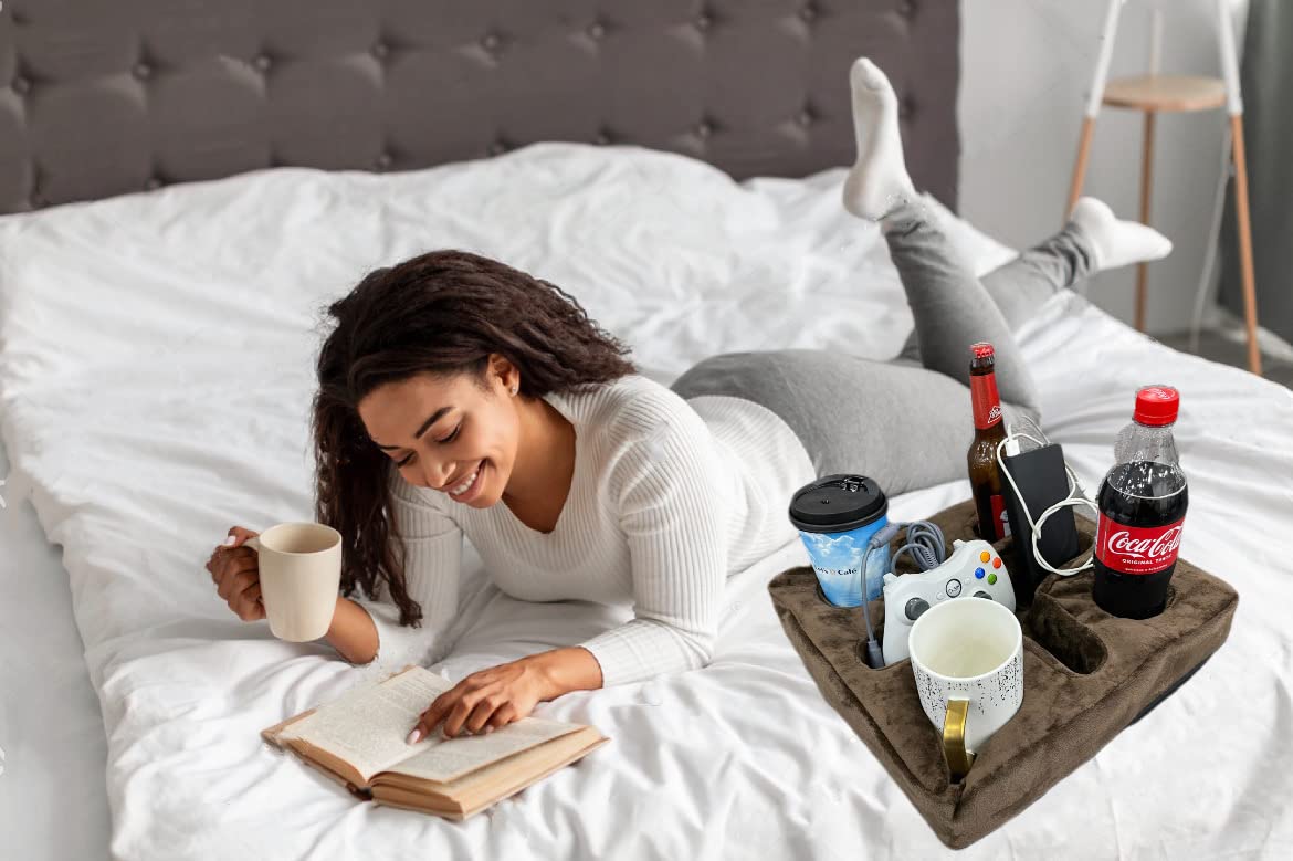 Xchouxer Couch And Bed Cup Holder Pillow, Sofa Refreshment Tray For Drinks/Remote Control/Snacks Holder (Brown)