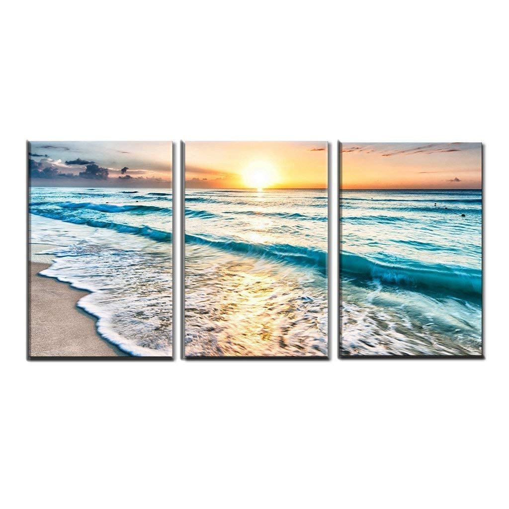 Tutubeer 3 Panel Canvas Wall Art For Home Decor Blue Sea Sunset White Beach Painting The Picture Print On Canvas Seascape The Pi