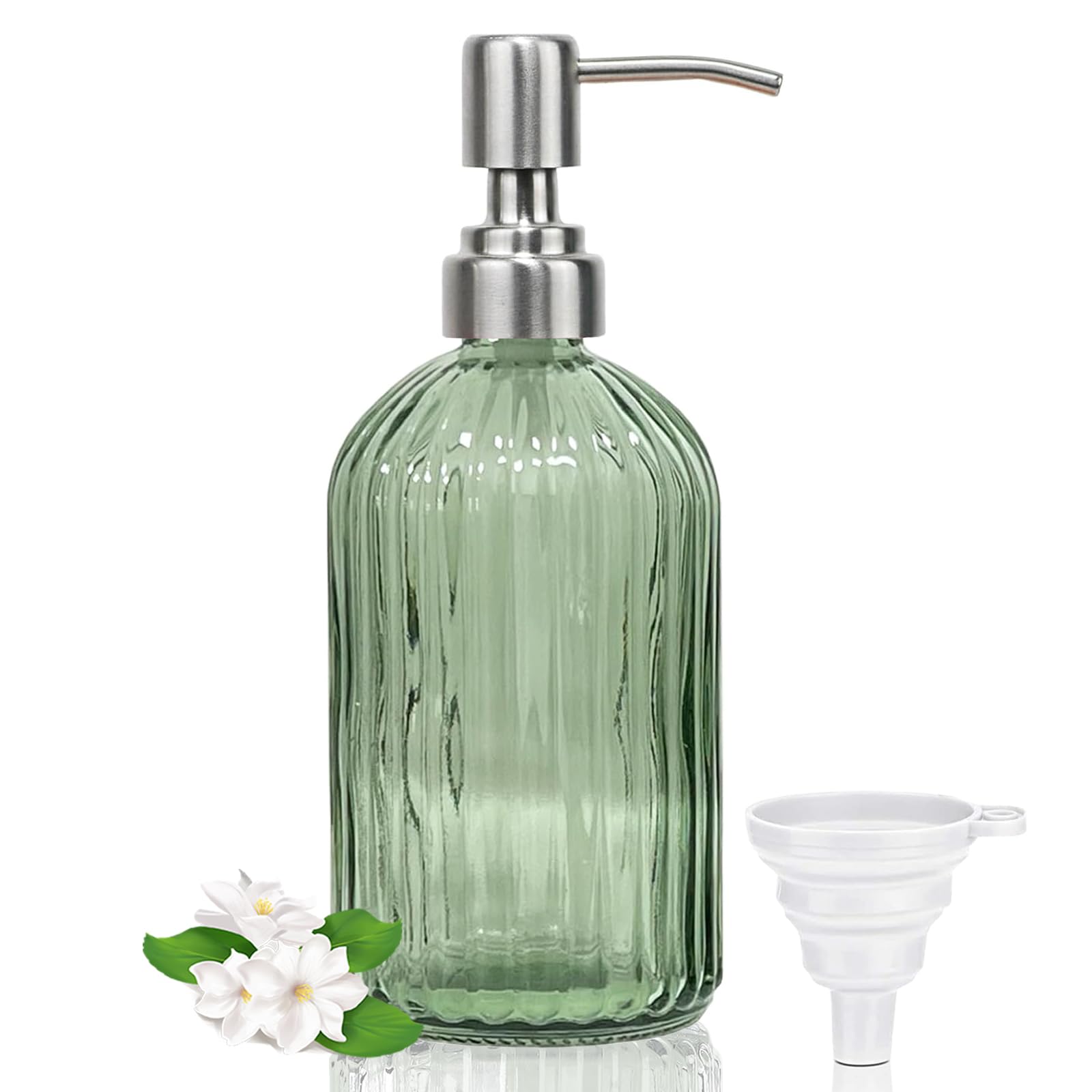14Oz Green Soap Dispenser Bathroom, Clear Glass Hand Soap Dispensers with Stainless Steel Pump, Refillable Dish Soap Dispenser w