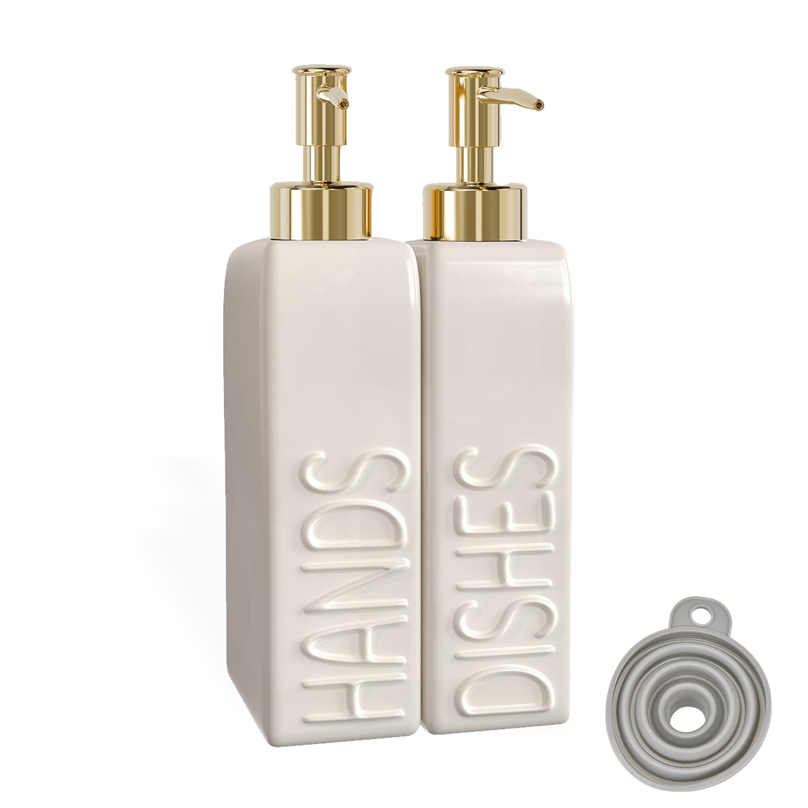 Karisky Soap Dispenser Set with Gold Stainless Steel Pump and a Funnel, 2 Pack Modern Ceramic Refillable Hand and Dish Soap Disp