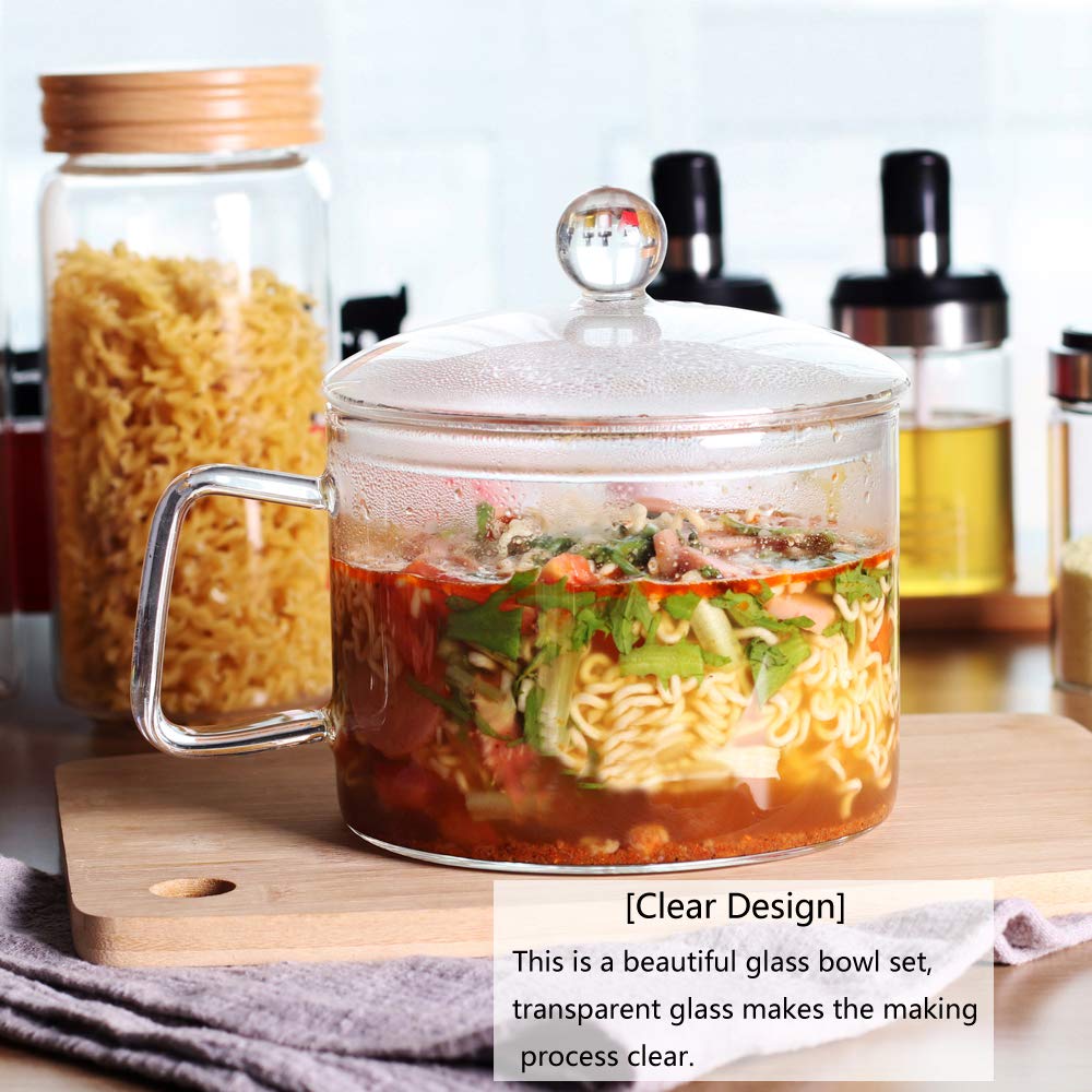 Mini Sized Glass Bowl With Lid And Handle, 44 Fl Oz/1.4L For Noodles, Pasta, Soup, Cereals, Fruits, Bpa Free, Microwave Dishwash