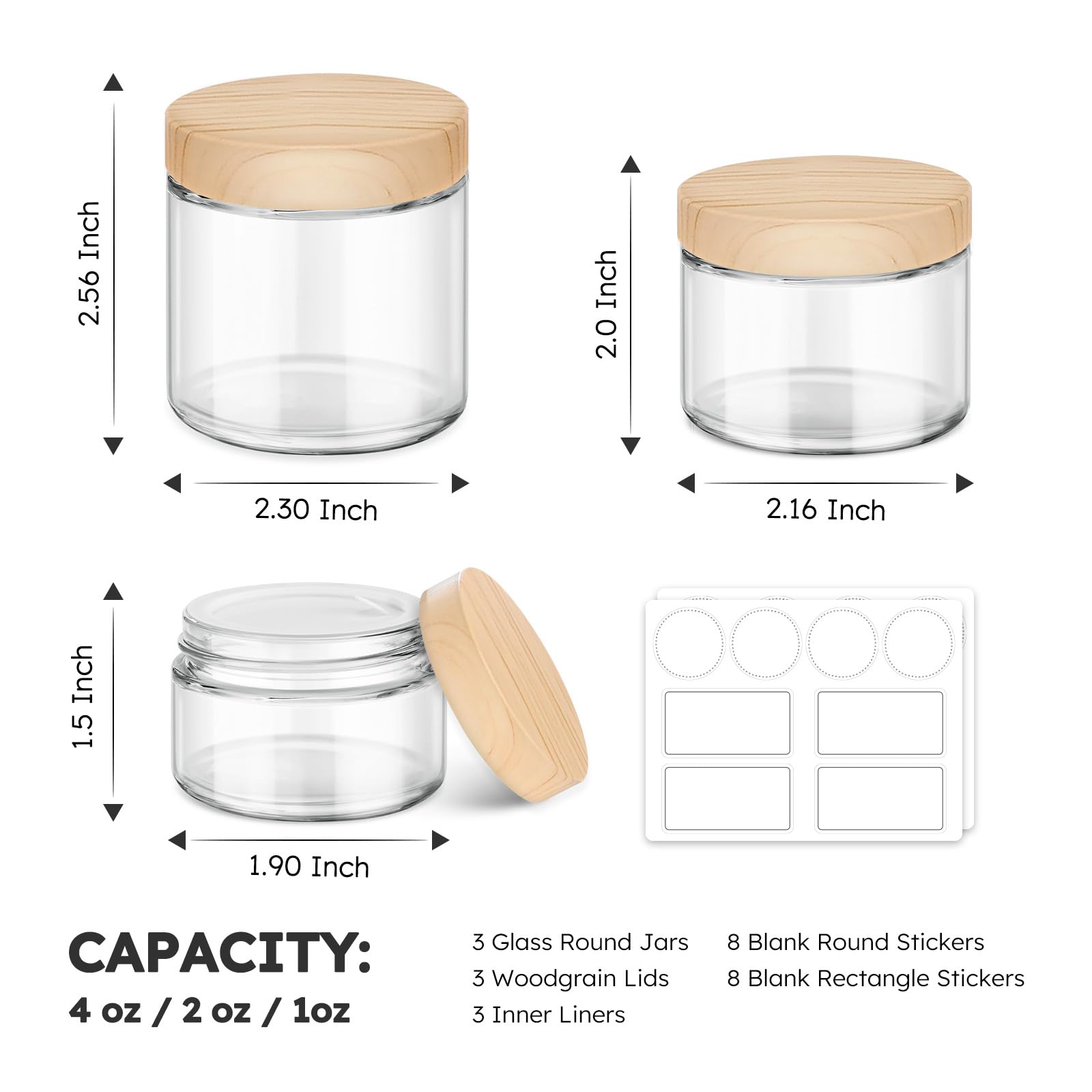 Glass Cosmetic Jars With Plastic Woodgrain Lids, 4 Oz, 2 Oz 1 Oz Small Glass Storage Jars With Lids & Stickers, Reusable Clear T
