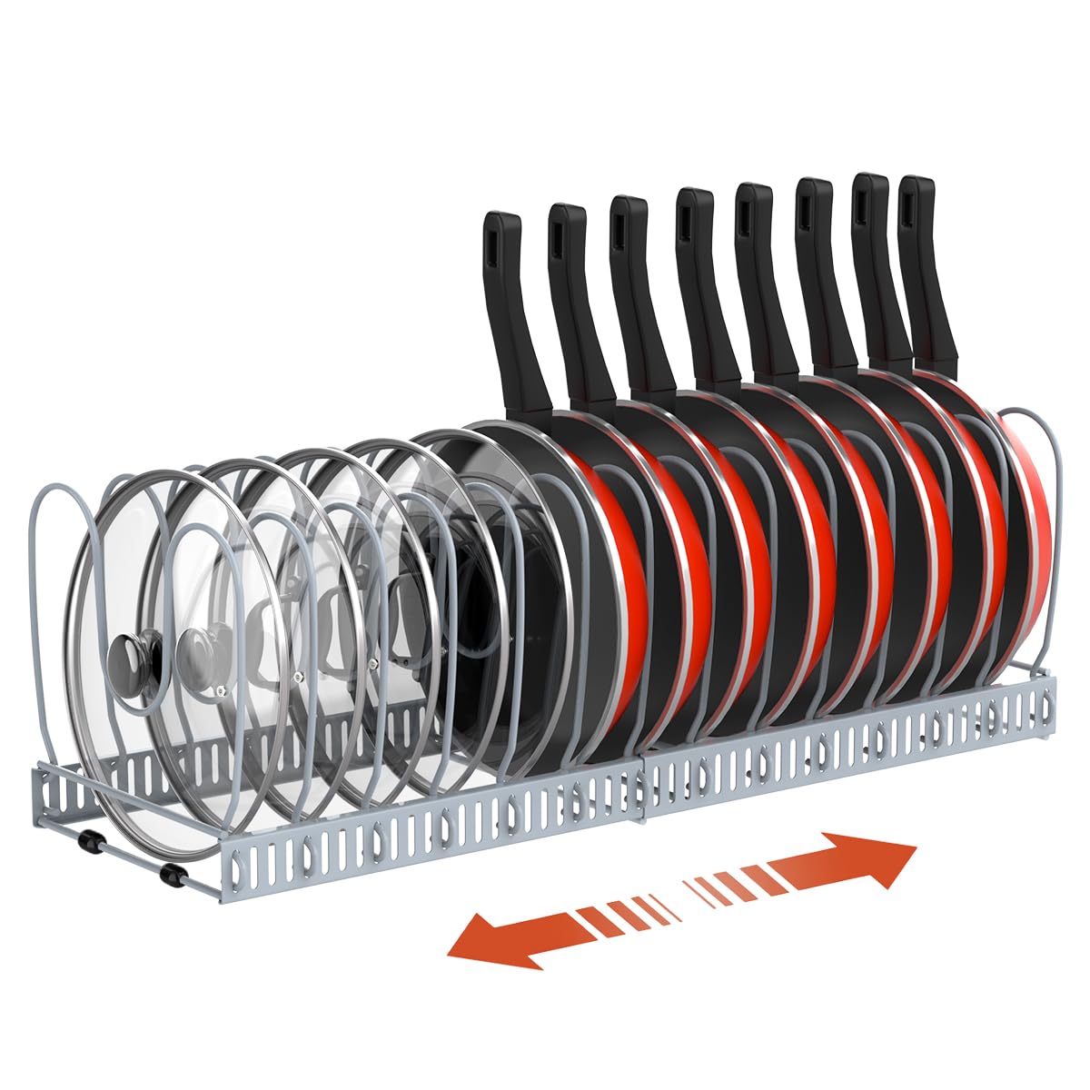 Housolution Pot and Pan Organizer Rack for Cabinet, Upgraded Expandable Pot Lid Organizer with 14 Adjustable Dividers, Pan Holde