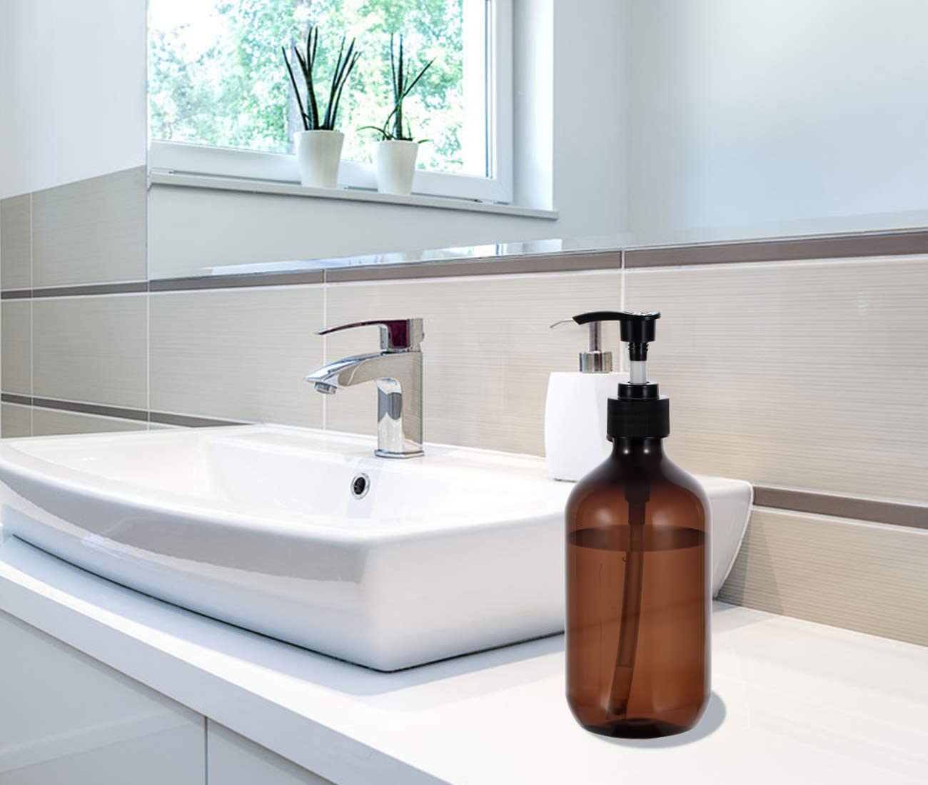 sdoot Shampoo Bottles with Pump  17oz Refillable Amber Plastic Pump Dispenser Bottle for Soap Shampoo Conditioner  2 Pack