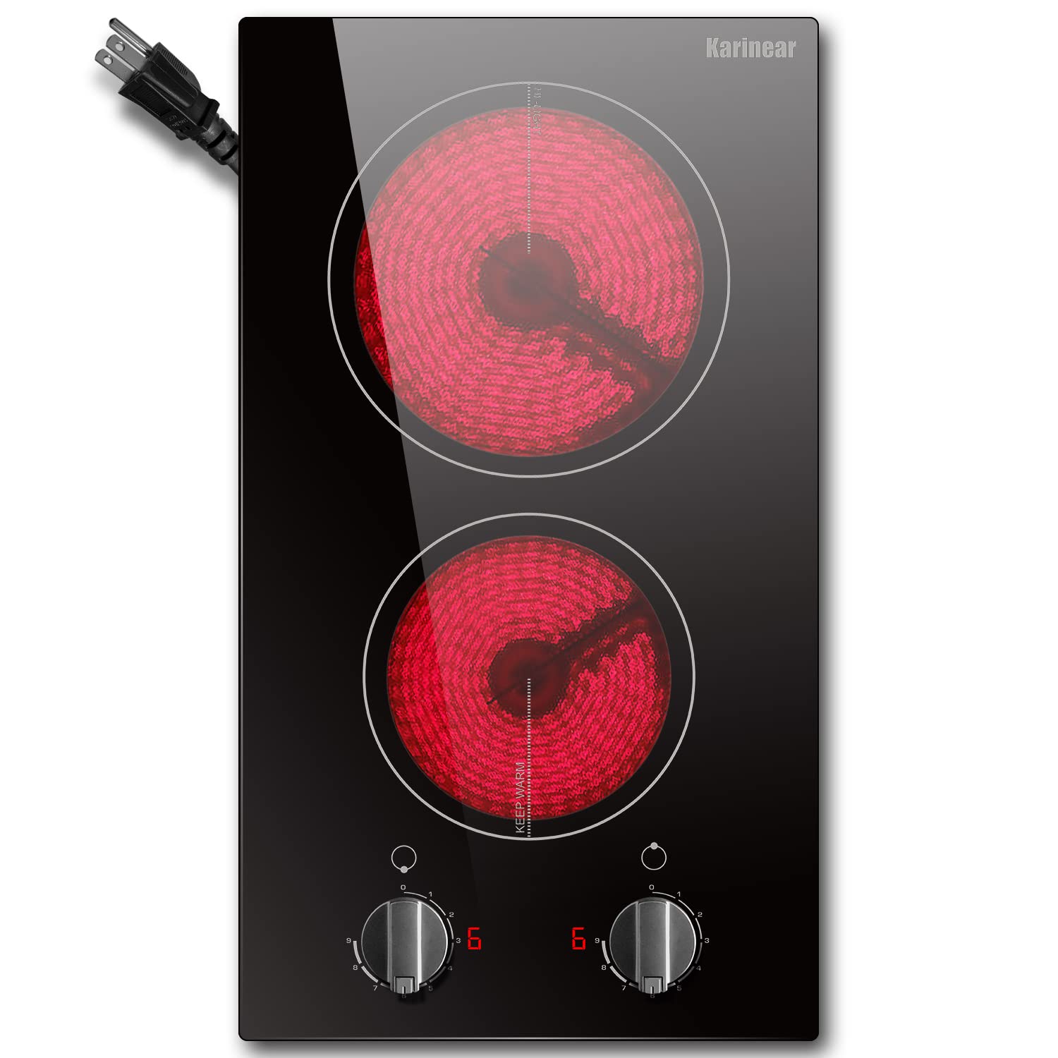 Karinear 110v Electric Cooktop 2 Burners, 12 Electric Stove Top with Plug in, Knob Control Countertop & Built-in Ceramic Cookt