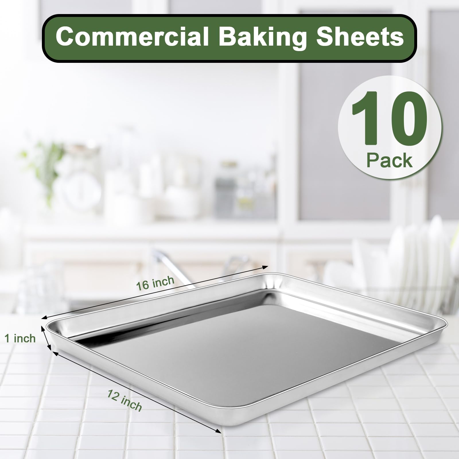Baking Sheet Tray Set Of 10, Ewfen Stainless Steel Baking Pan Cookie Pan Sheet, Size 16 X 12 X 1 Inch, Warp Resistant & Heavy Du