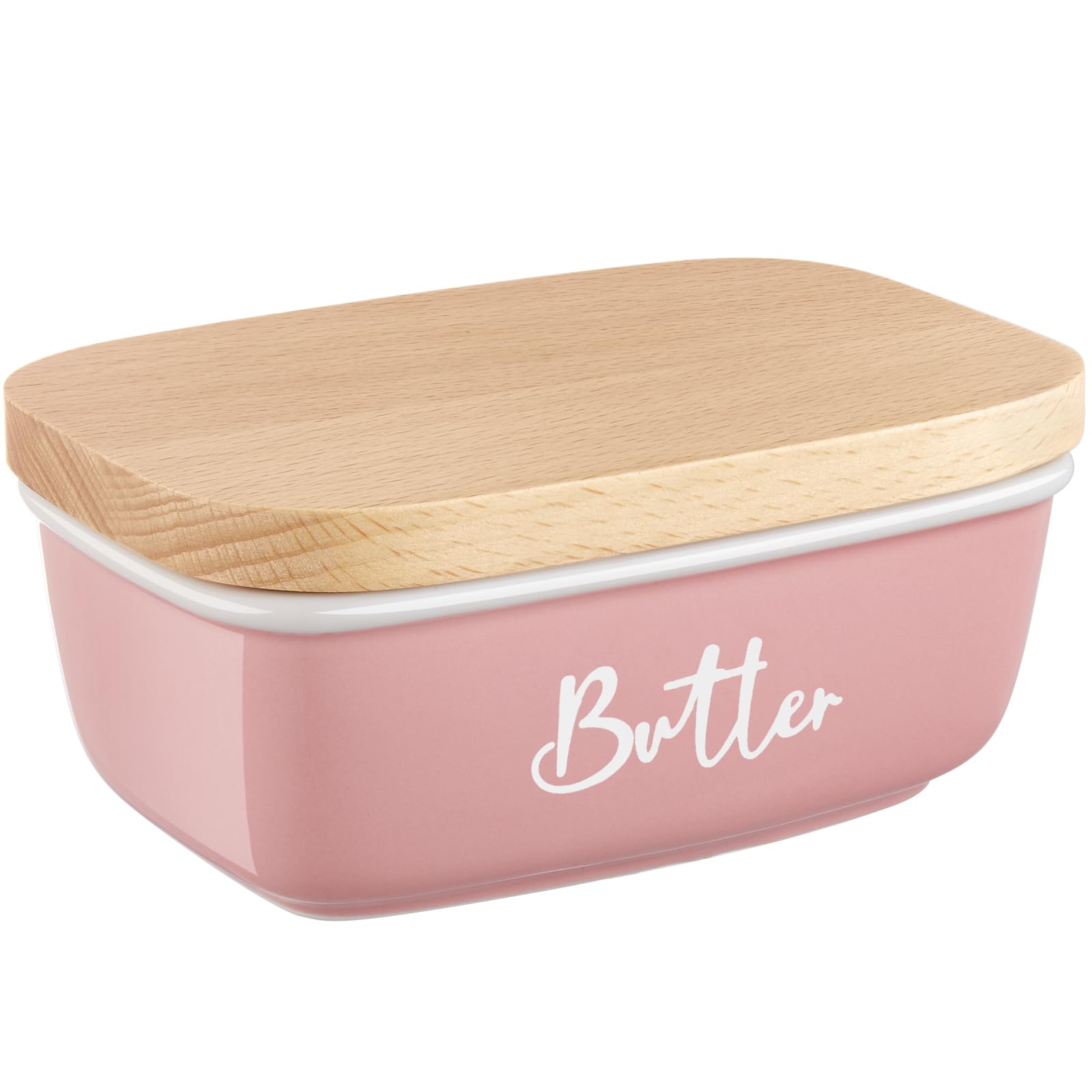 Alelion Pink Butter Dish With Lid For Countertop - Ceramic Farmhouse Butter Keeper Container With Thick Beech Wood Lid - Pink Ki