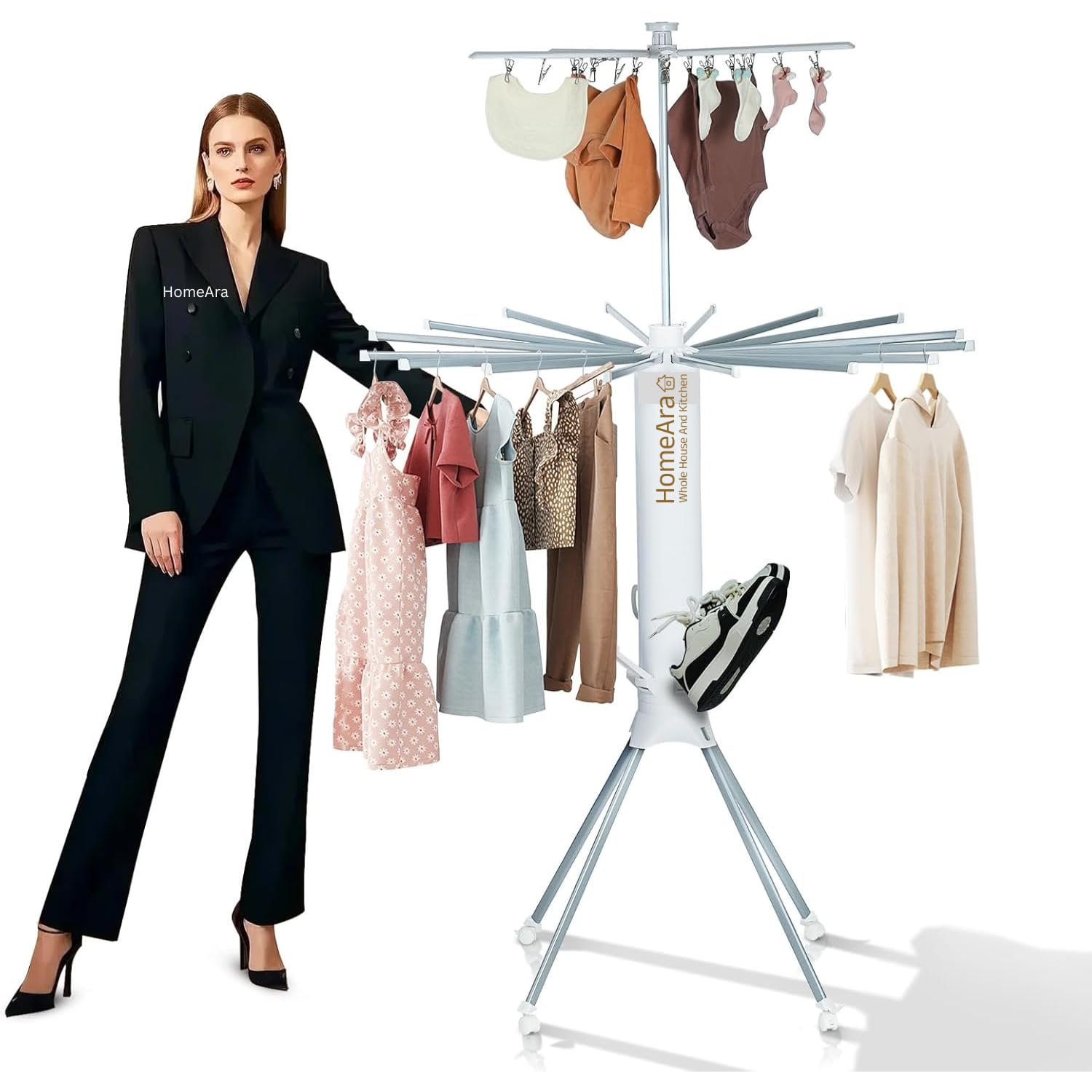 Homeara 4-Leg Foldable Clothes Drying Rack With 20 Clips | Shoe Holder | 16Drying Rods | Portable Aluminum Laundry Hanger| With 