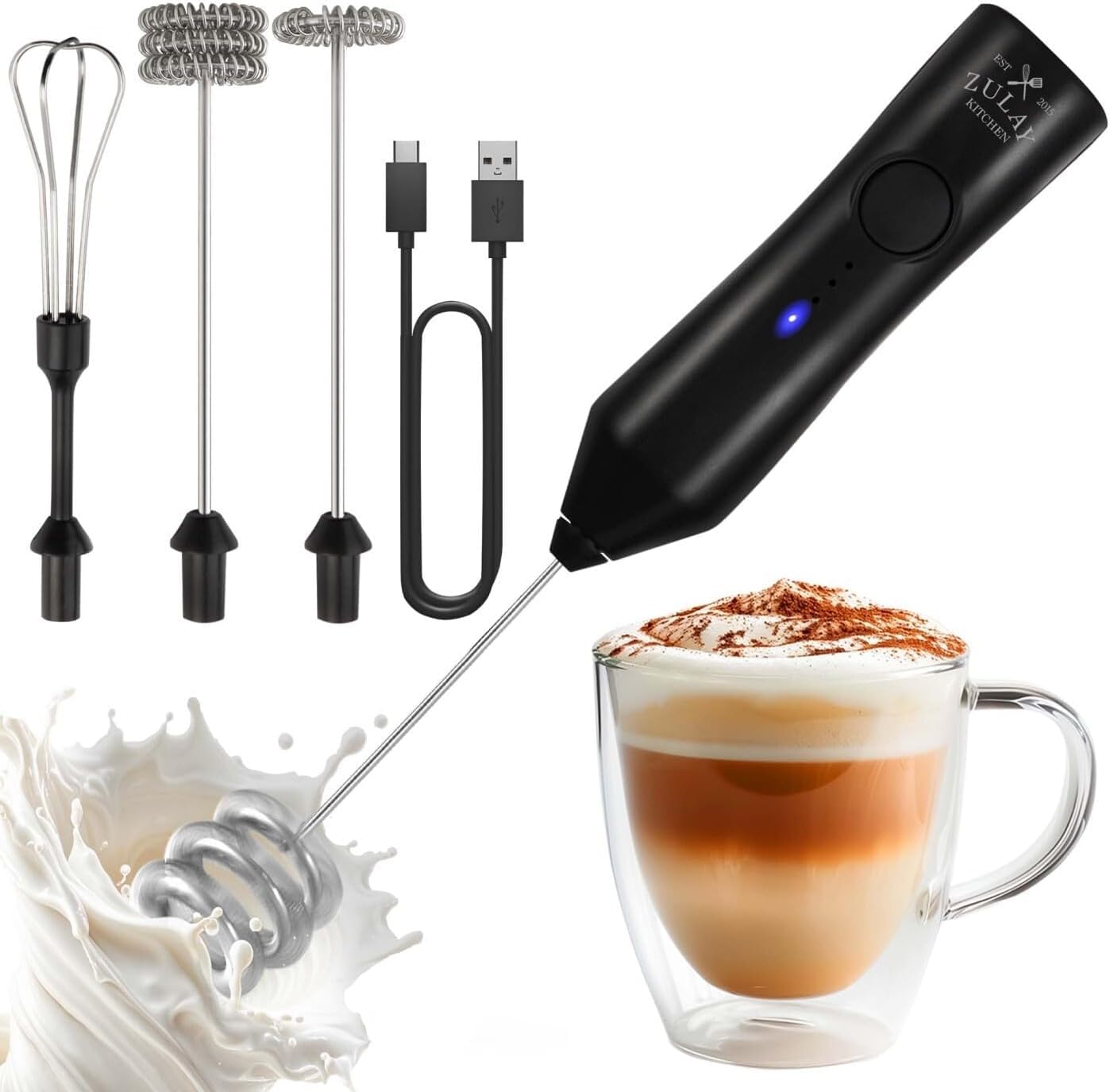 Zulay Kitchen Rechargeable Milk Frother - Dynamic - 3 Speeds, 3 Whisk Attachments, 500 mAh USB Charging, Drink Mixer For Latte, 