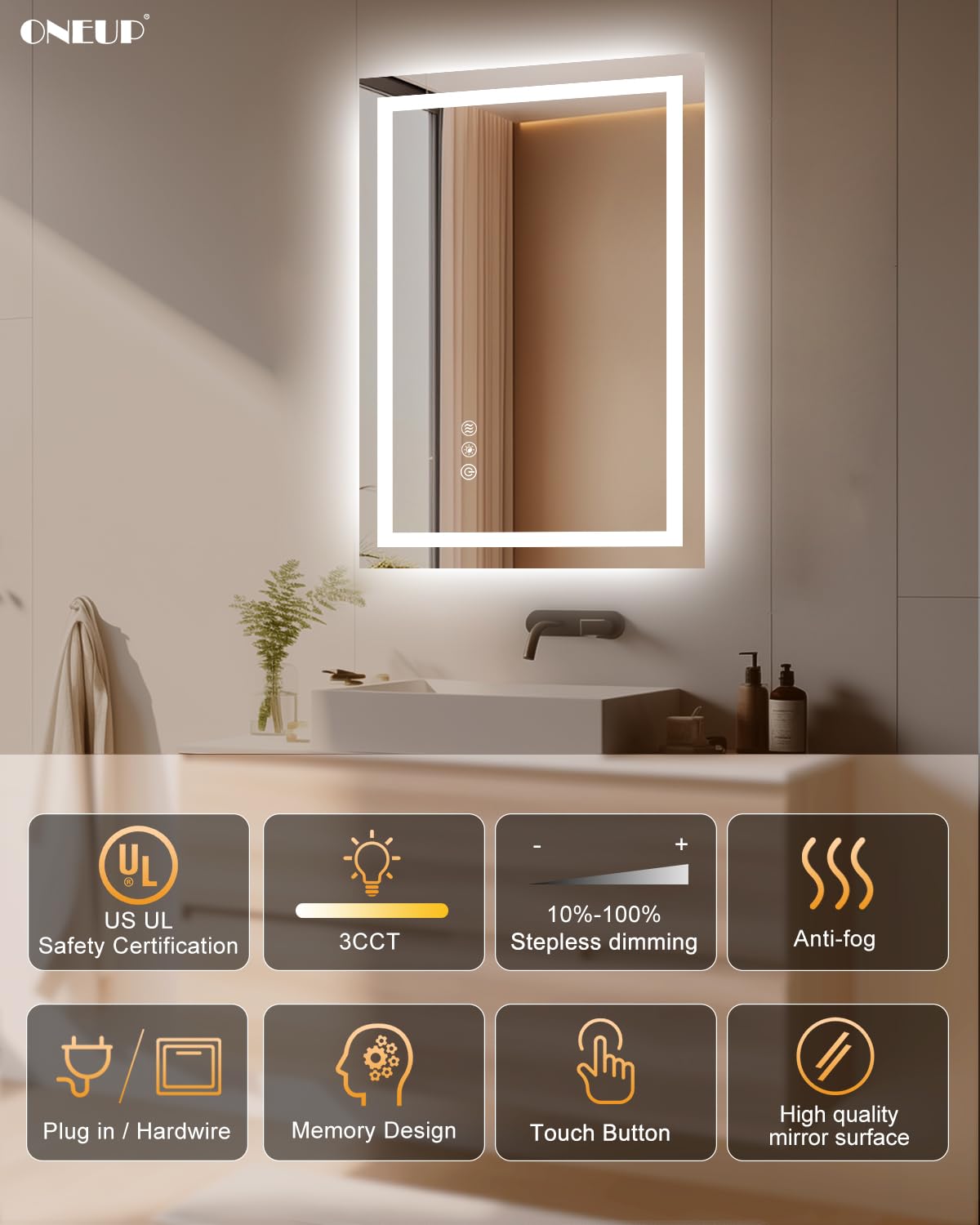 Oneup 16X24''Small Bathroom Mirror With Lights,Front Lighted Bathroom Mirror For Wall,Stepless Dimmable,Anti-Fog,Modern Led Vani