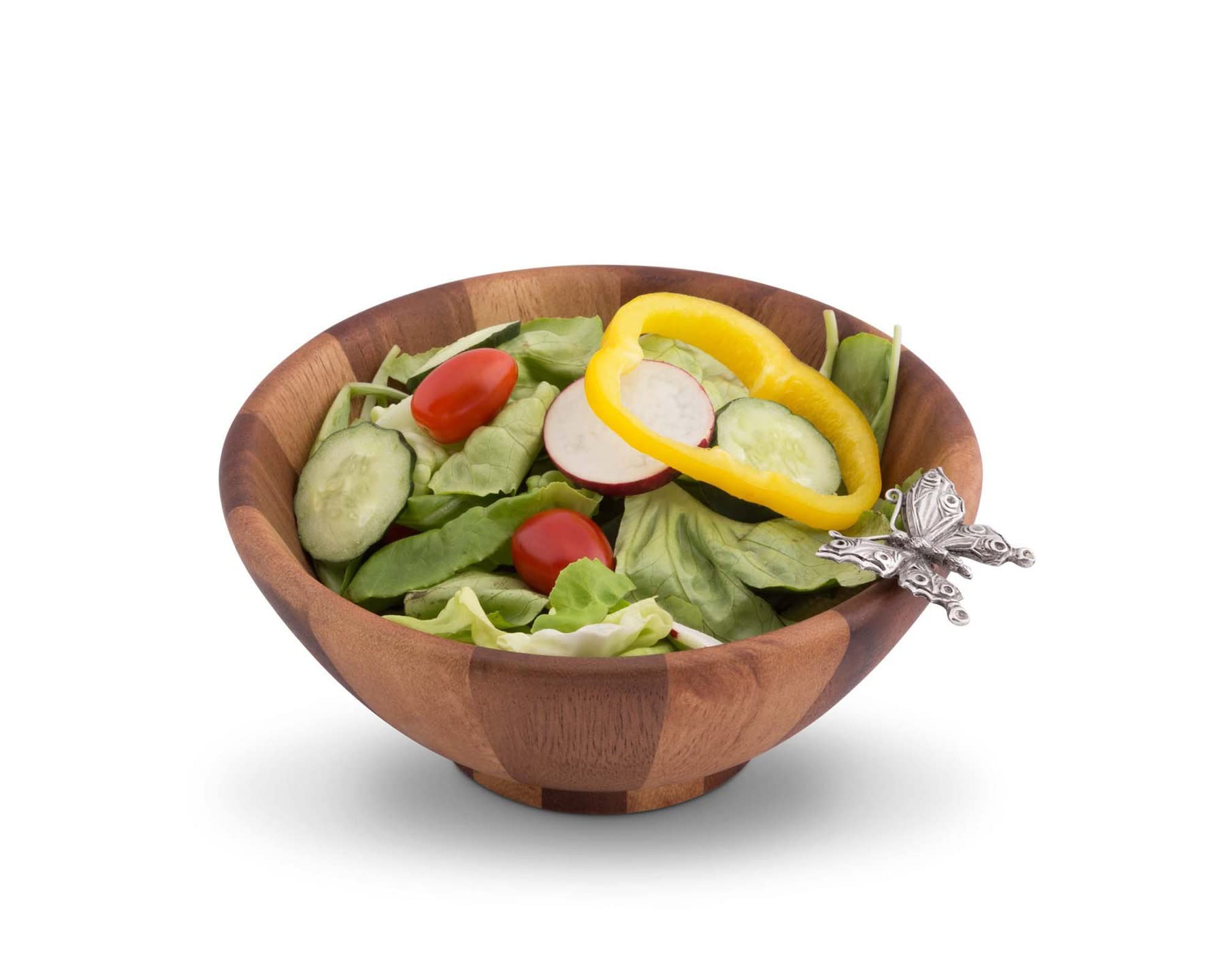 Vagabond House Single Serving Wood Salad Bowl With Pewter Butterfly 8.25 Inch Long 7.5 Inch Wide 3.25 Inch Tall