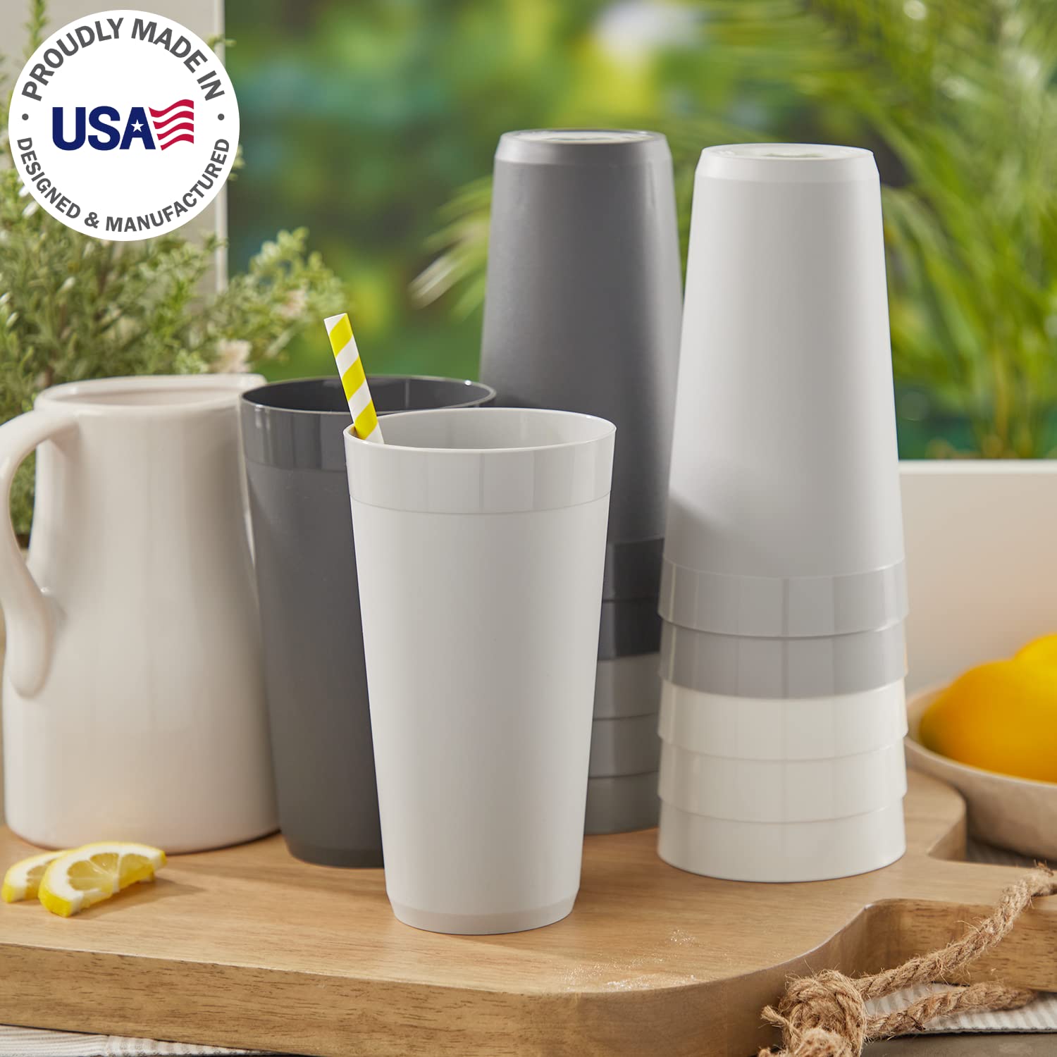 Us Acrylic Newport 32 Ounce Unbreakable Plastic Stackable Iced-Tea Tumblers In Grey Stone | Set Of 12 Drinking Cups | Reusable,