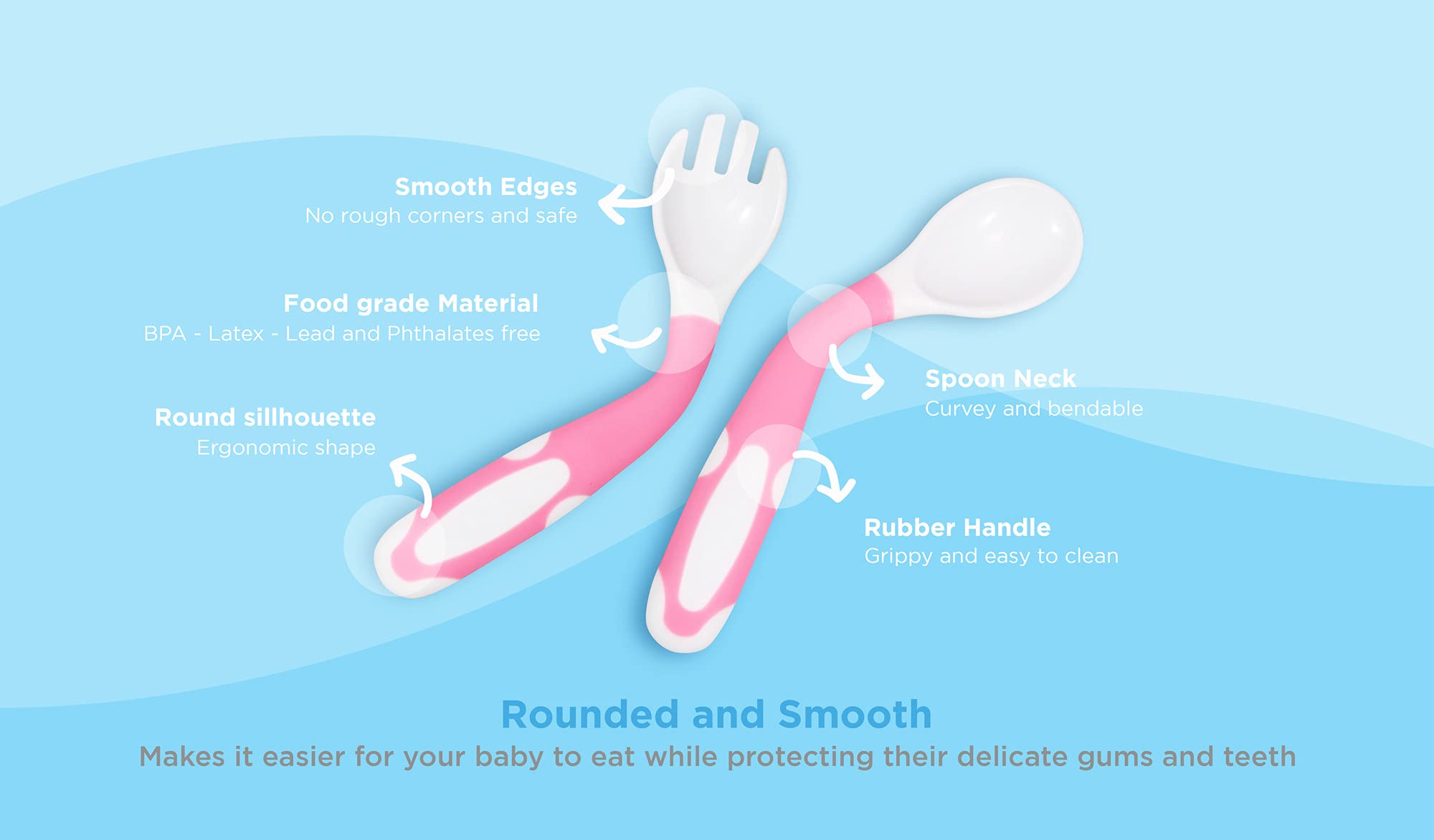 Bendable Baby and Toddler forks and spoons Utensils Silverware Set for Kids, 2 Sets Blue/Pink - Gum Friendly 2 Toddler Spoons an