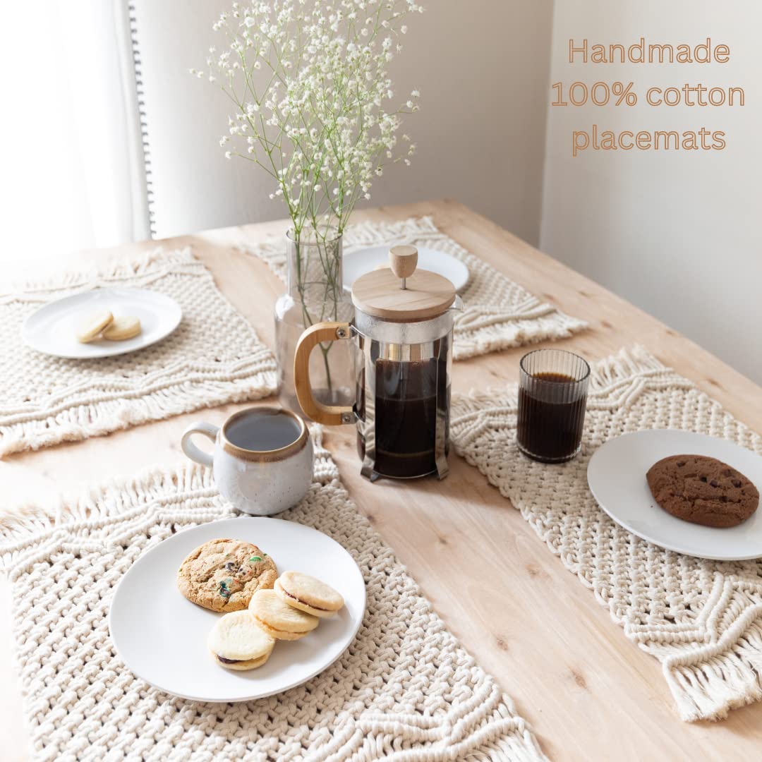 Snuglife Macrame Placemats Set Of 6 - Handmade Cotton Woven Boho Placemats - Modern Farmhouse Fringe Placemats For Dining Table,