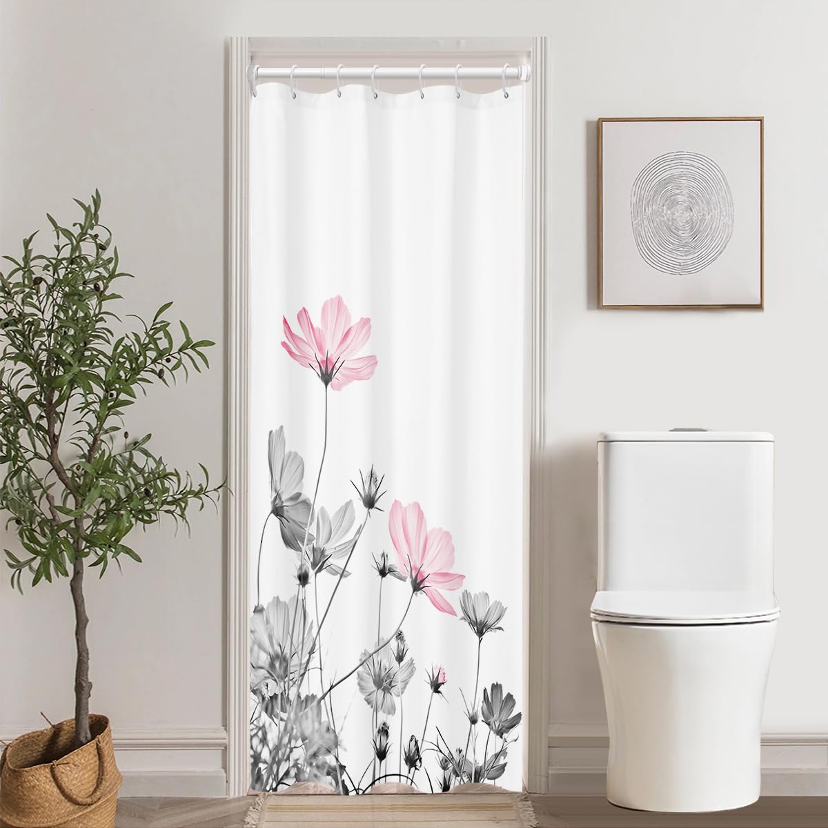 Kikiry Stall Shower Curtain Half 36''W X 72''L Pink Gray White Grey Flowers Wildflower Daisy Floral Stand Up Botanical Simple Mi